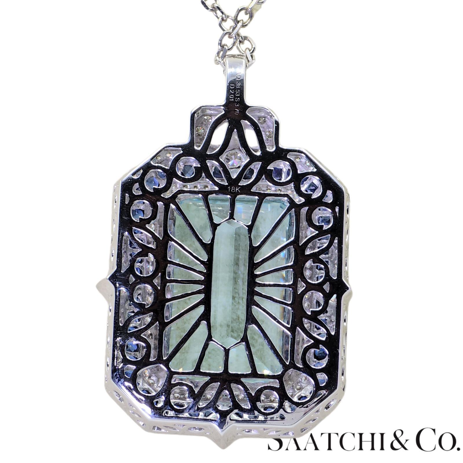 18K 750 White Gold - Natural : Aquamarine Stone, Diamond And Sapphire Pendant For Sale 1