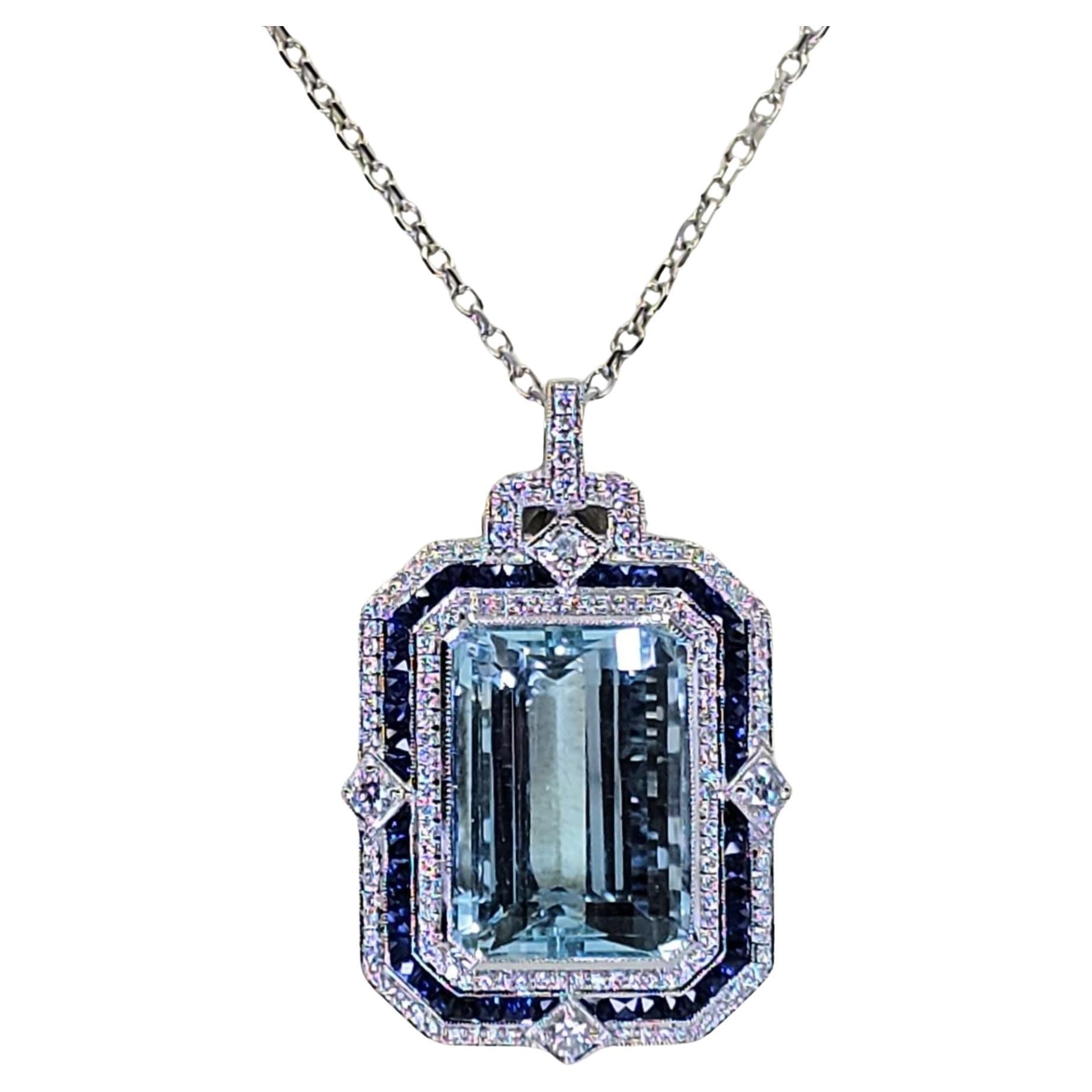 18K 750 White Gold - Natural : Aquamarine Stone, Diamond And Sapphire Pendant For Sale
