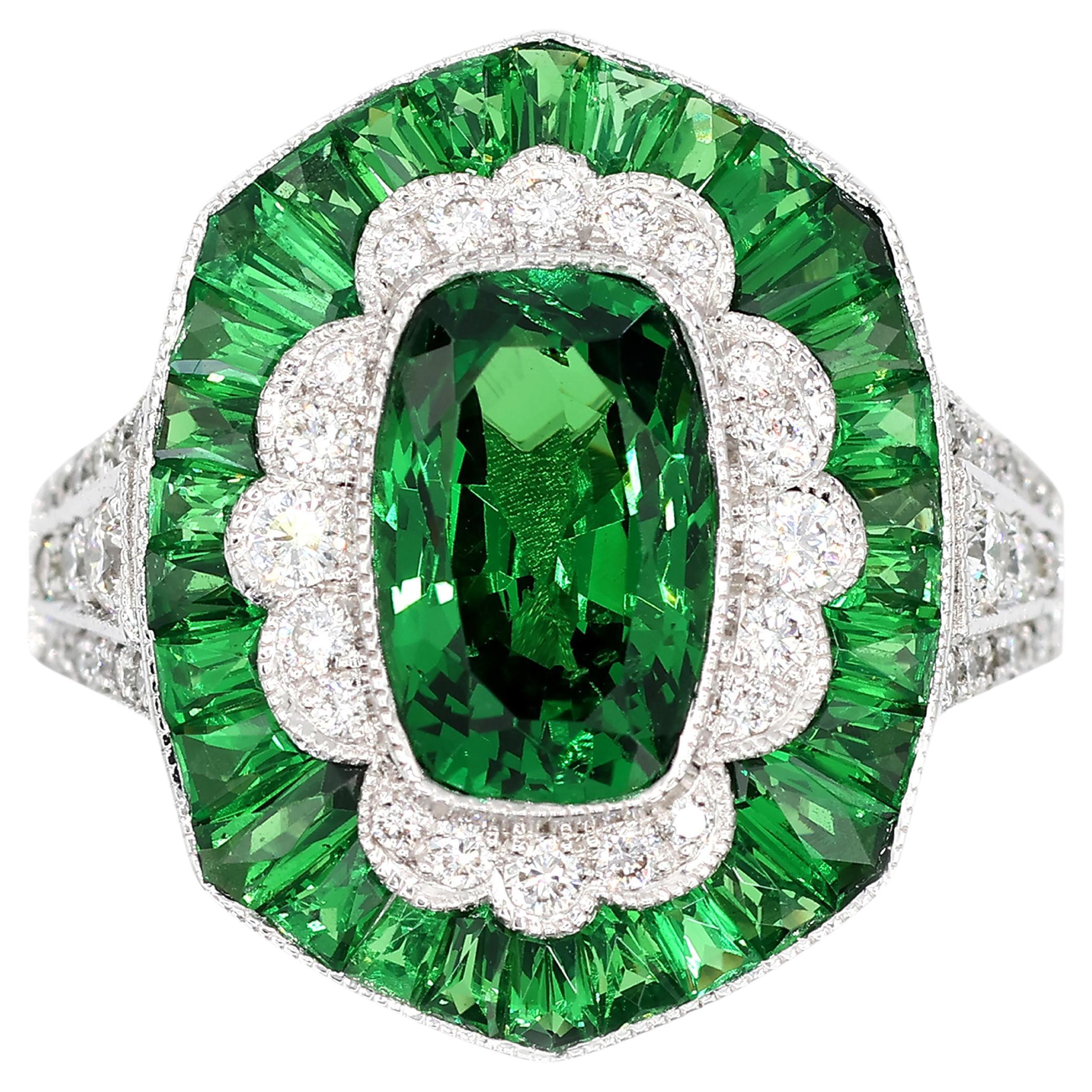 18K 750 Weißgold Natürlicher Brillant Diamant und Tsavorit Ring
