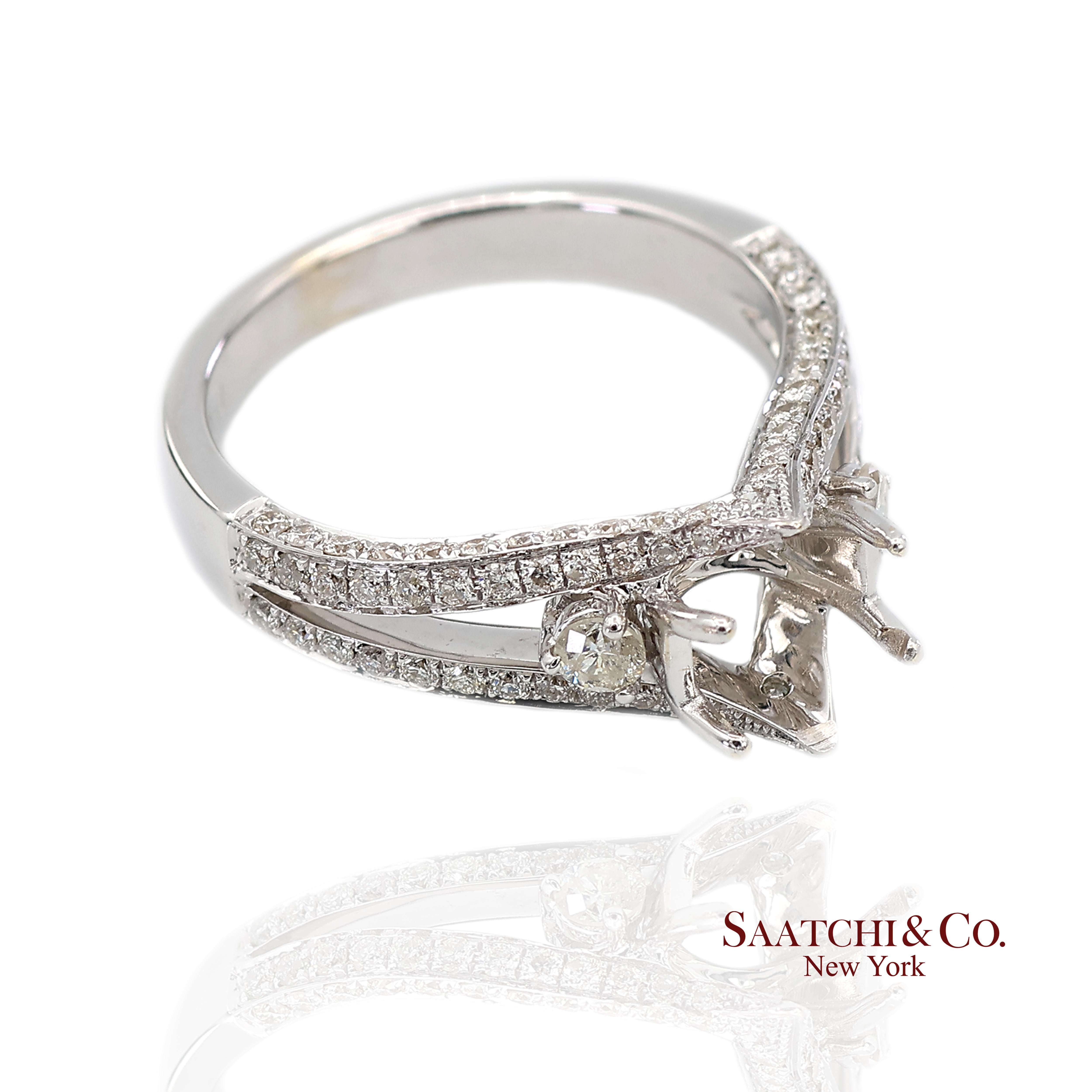 Anillo de oro blanco 750 de 18 quilates con semimontura de diamantes brillantes naturales talla 6,5 en venta 1