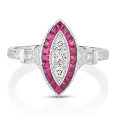 18K 750 White Gold Natural Diamond and Marquise Ruby Milgrain Ring
