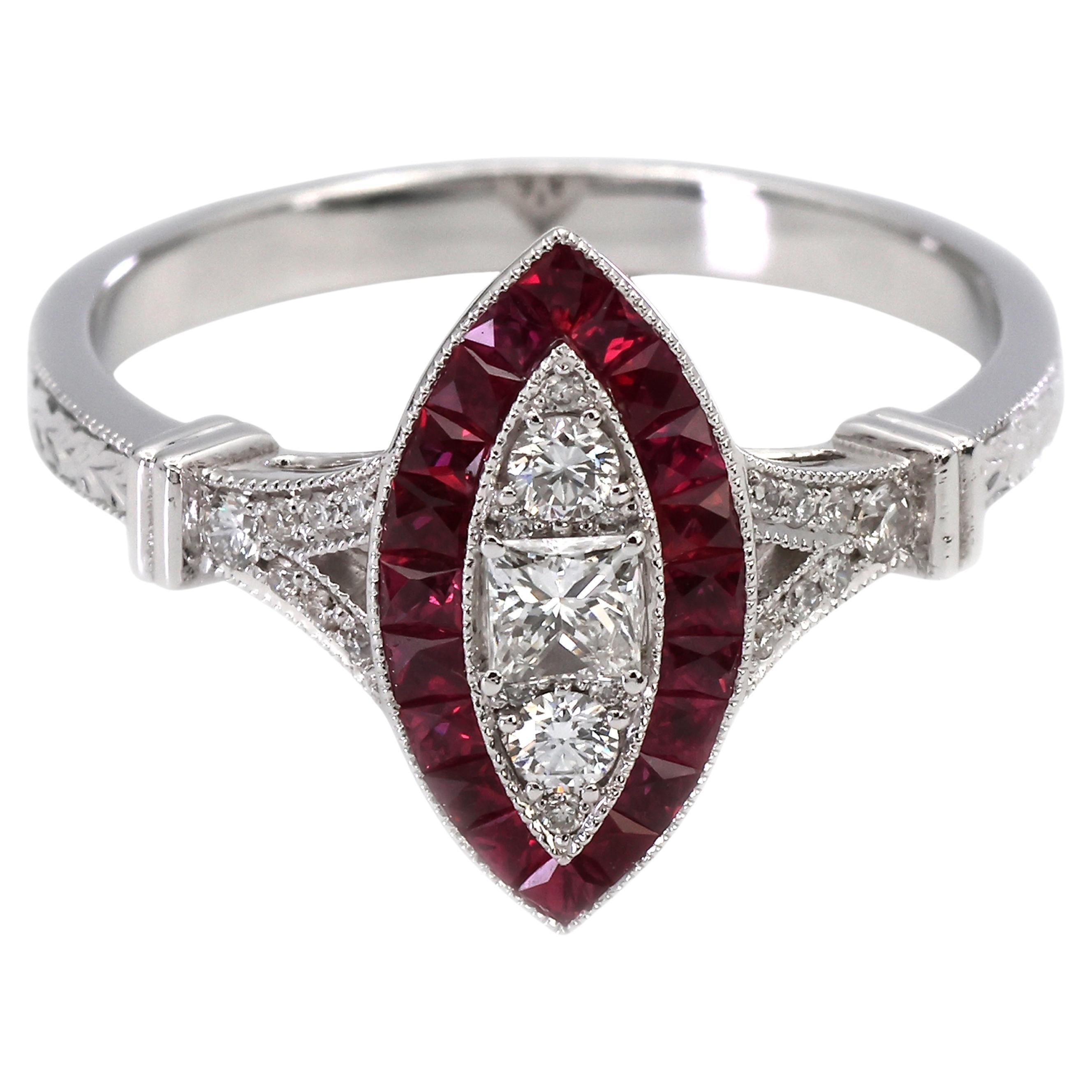 Bague en or blanc 750 millièmes, diamant naturel et rubis marquise à grains multiples en vente