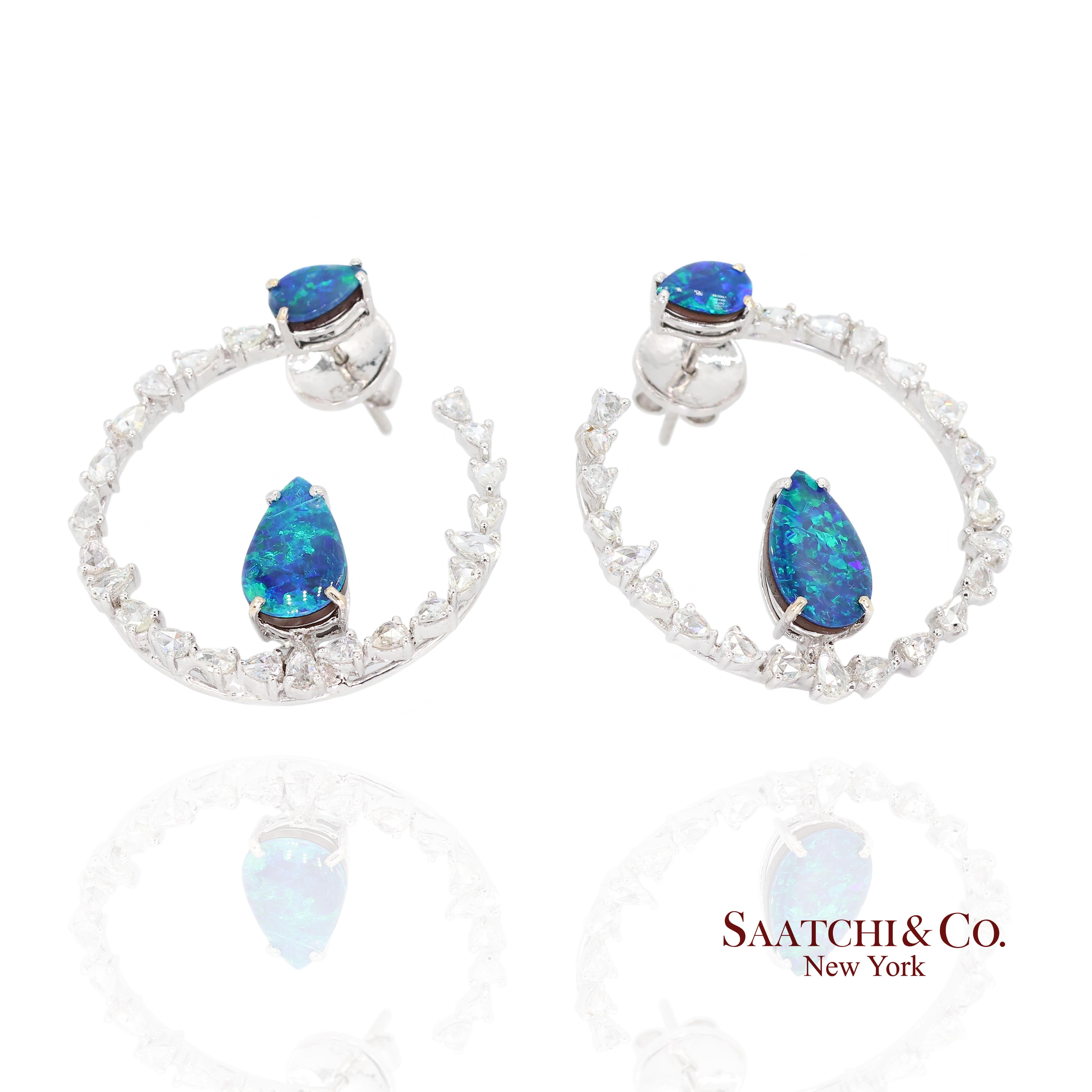 Opal and Diamond Earrings

Metal Type: 18k White Gold
Sizable: No
Total Weight: 10 Grams
1:
Primary Stone: Opal
Carat Weight: 7.0 Ct.
Stone Cut: Pear
Stone Color: Blue
2:
Secondary Stone: Diamond
Carat Weight: 2.5 Ct. (44 pcs)
Stone Cut: Rose
Stone