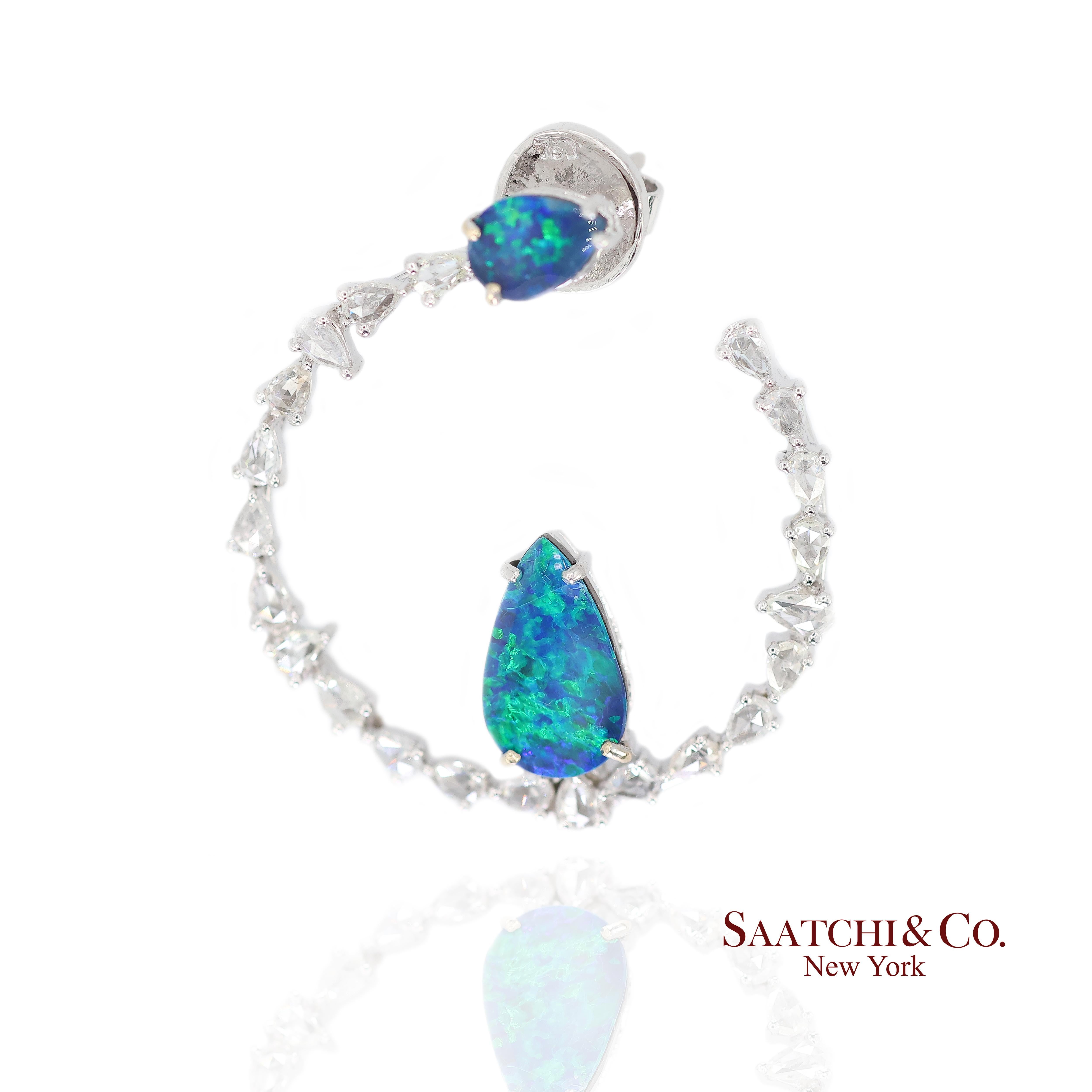 Women's 18K 750 White Gold Natural Diamond and Natural Opal Earring For Sale
