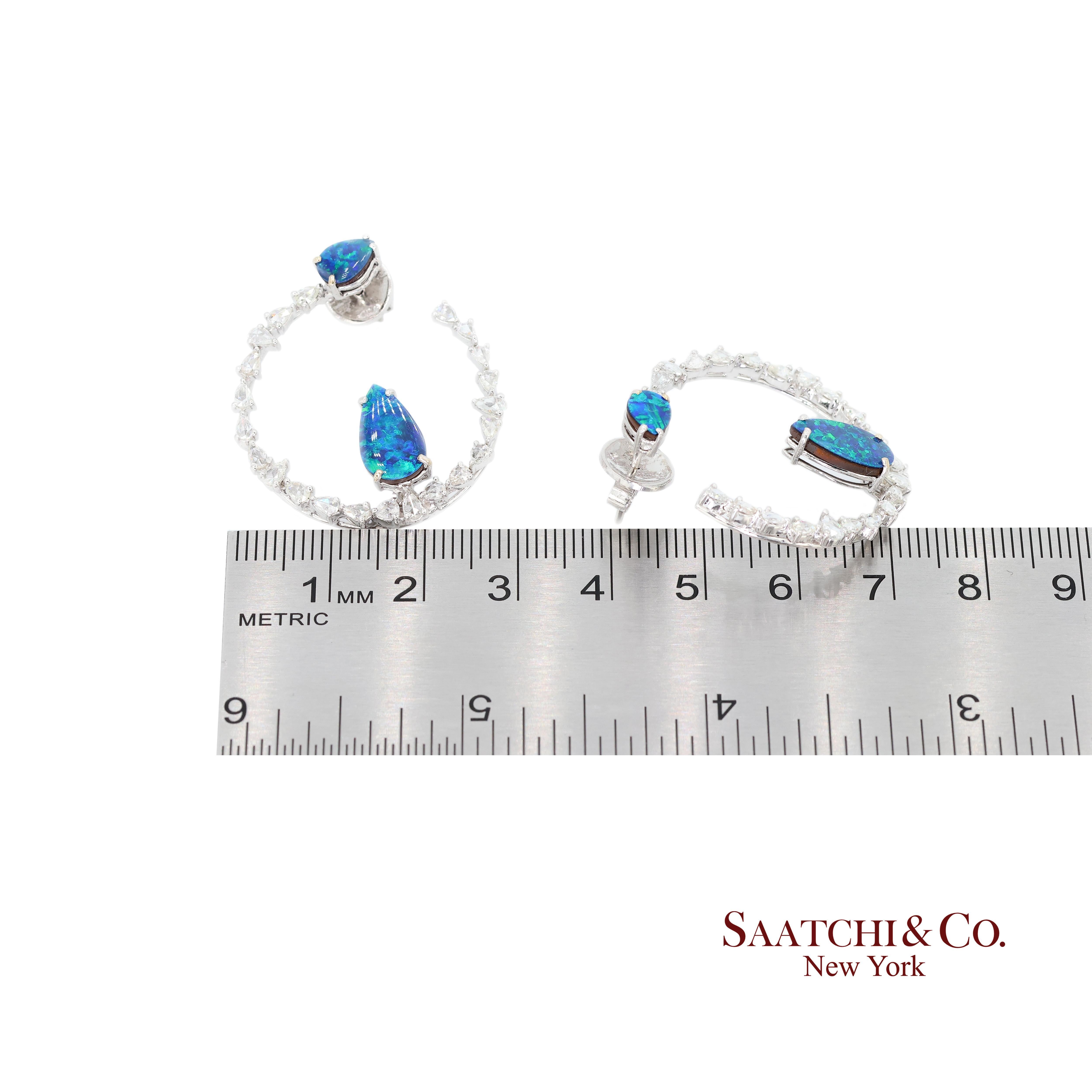 18K 750 White Gold Natural Diamond and Natural Opal Earring For Sale 3