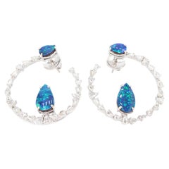 18K 750 White Gold Natural Diamond and Natural Opal Earring