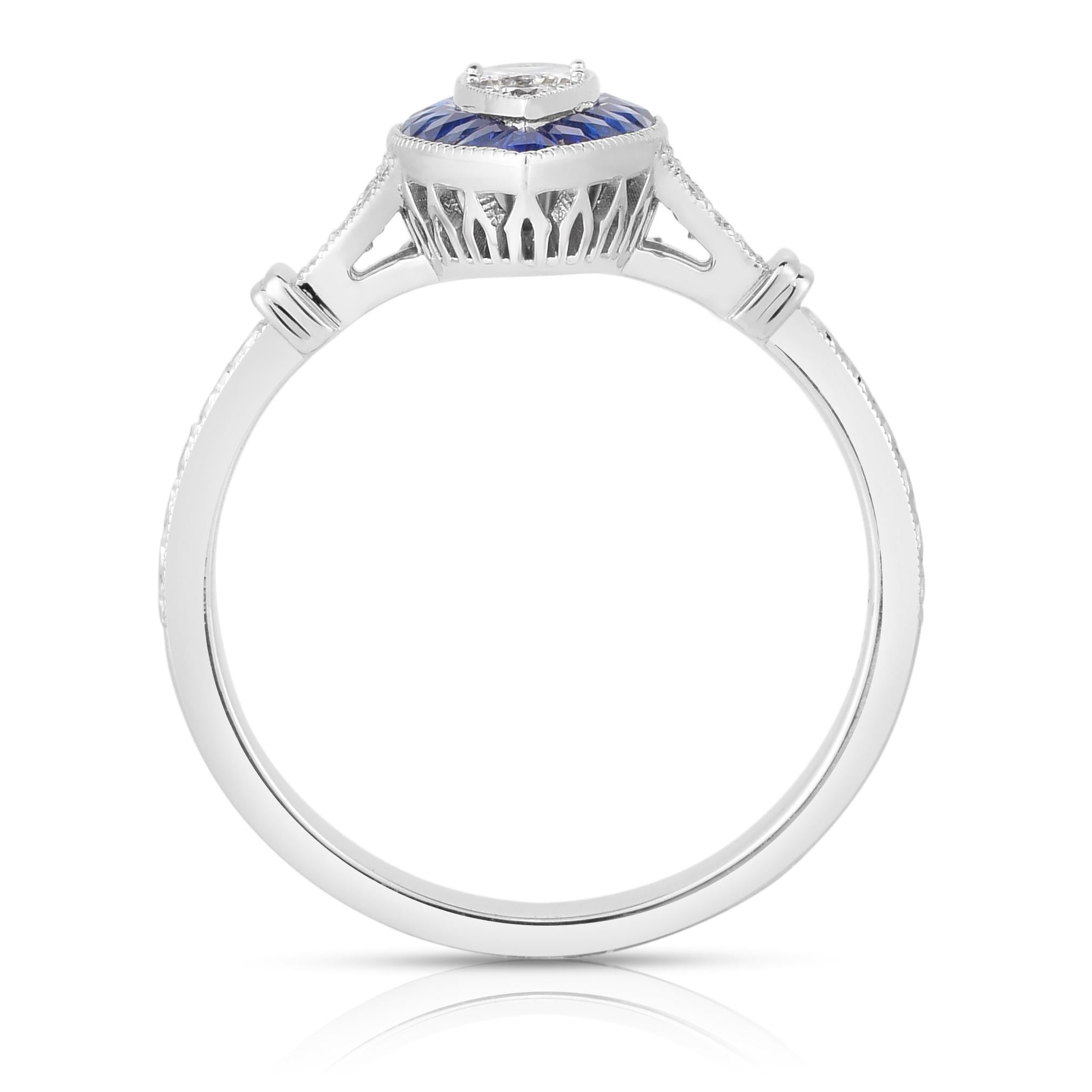 Anillo Milgrain de Diamante Natural y Zafiro Marquesa de Oro Blanco 750 de 18 quilates en venta 4