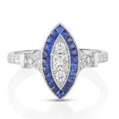 18K 750 White Gold Natural Diamond and Sapphire Marquise Milgrain Ring