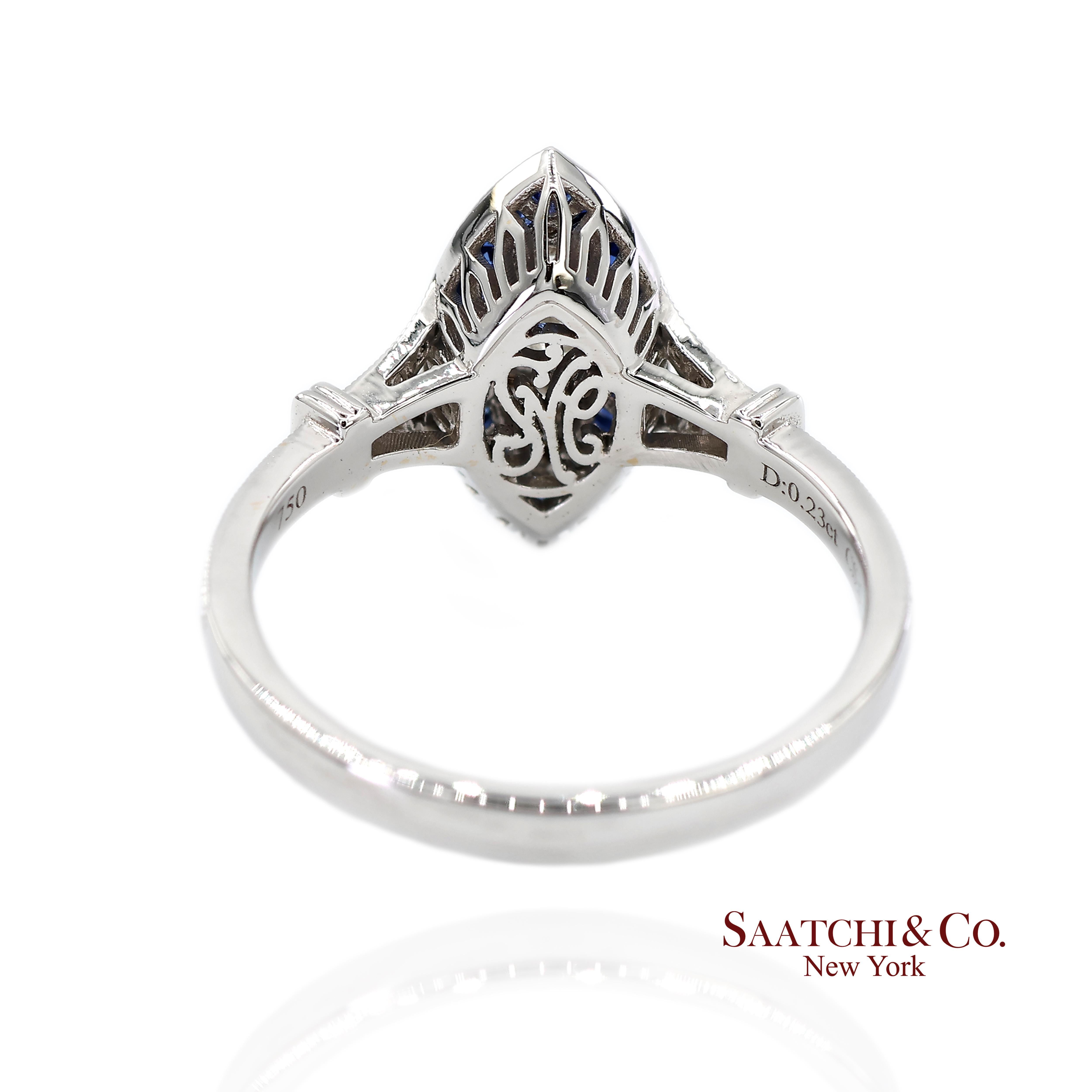 Anillo Milgrain de Diamante Natural y Zafiro Marquesa de Oro Blanco 750 de 18 quilates en Nuevo estado para la venta en New York, NY