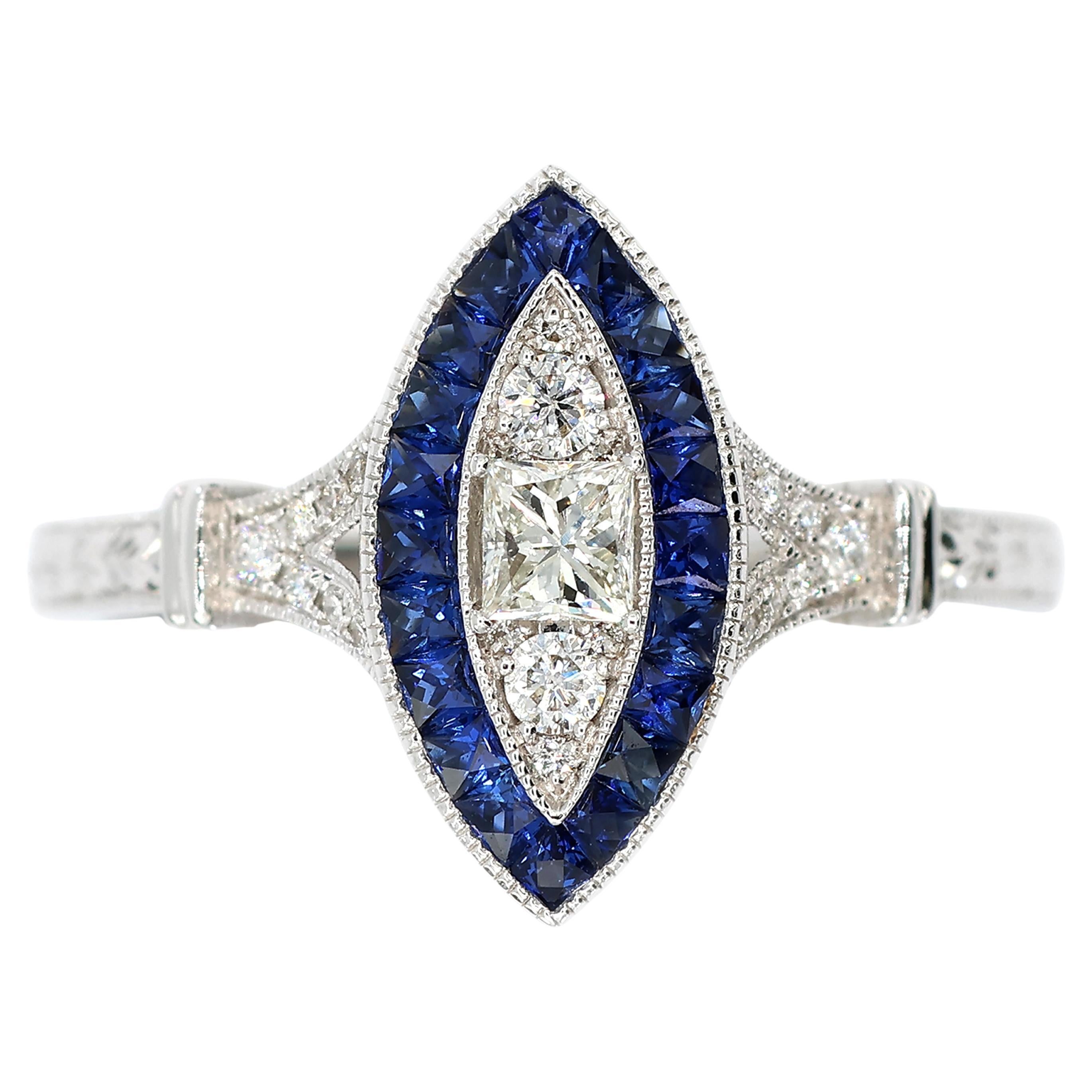 Anillo Milgrain de Diamante Natural y Zafiro Marquesa de Oro Blanco 750 de 18 quilates en venta