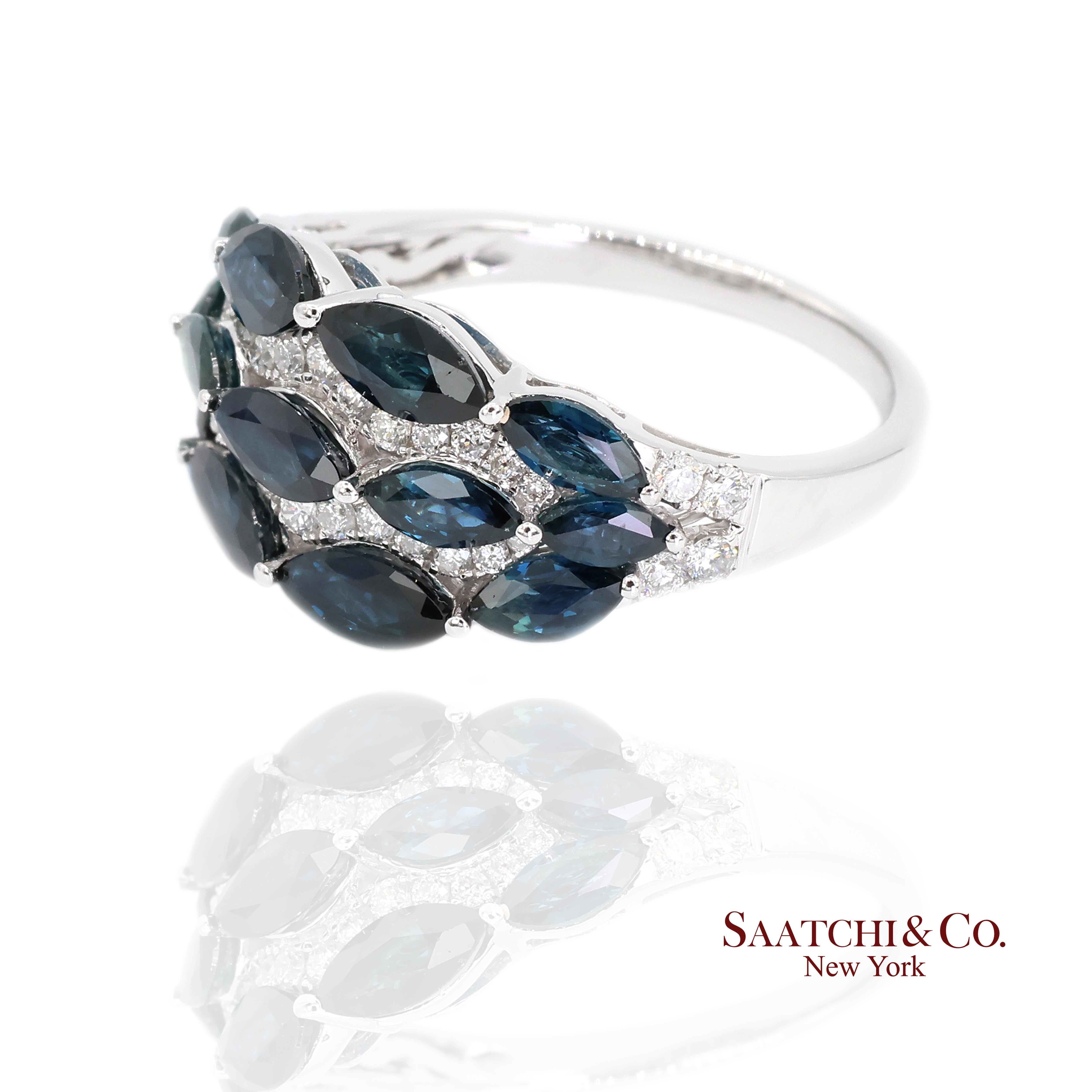 Taille Marquise Bague en or blanc 18k 750 diamants et saphirs naturels Taille 6.5 en vente