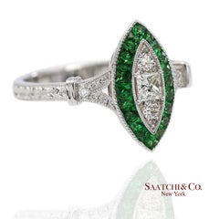 18K 750 White Gold Natural Diamond and Tsavorite Marquise Milgrain Ring