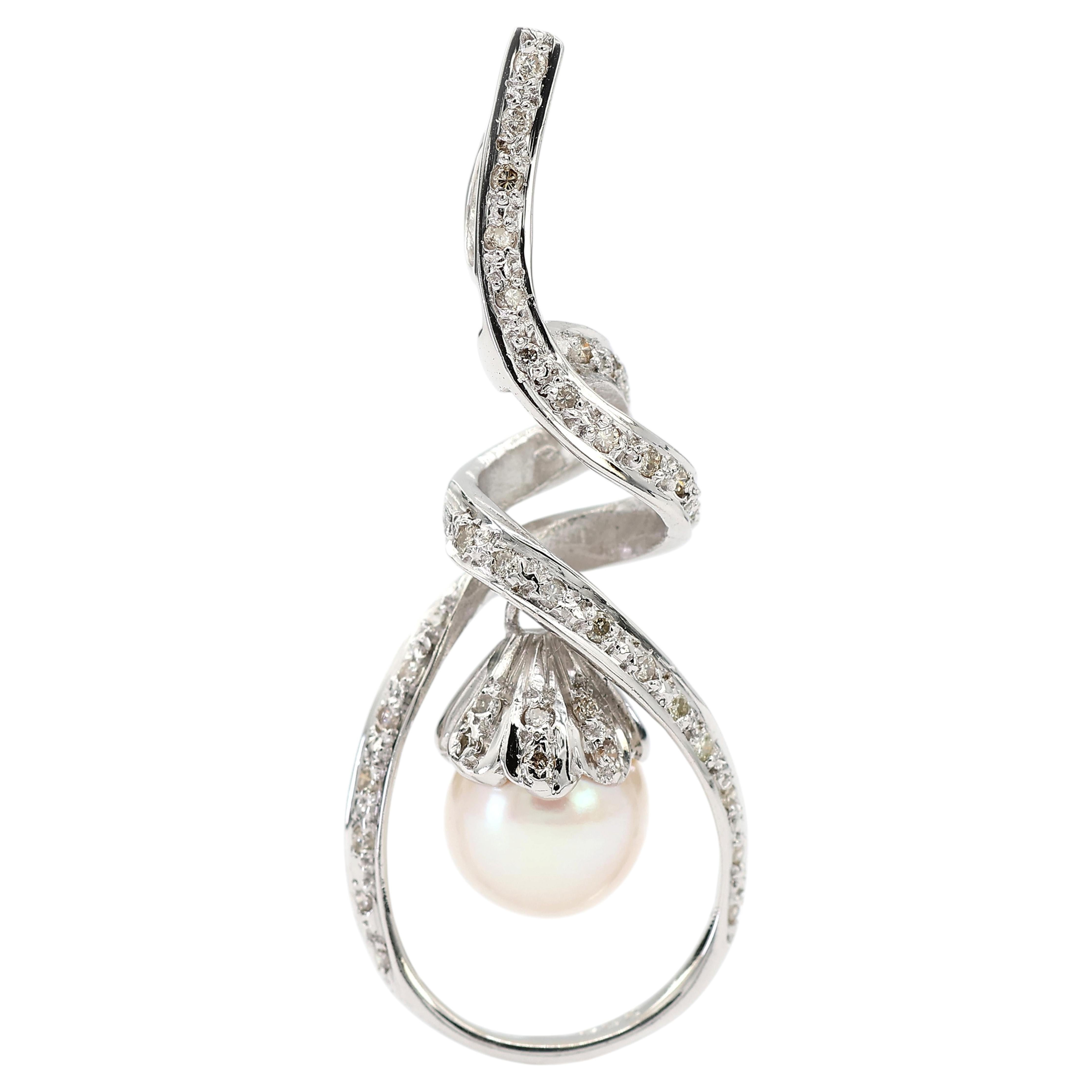 18K 750 White Gold Natural Diamond and White Pearl Pendant Necklace