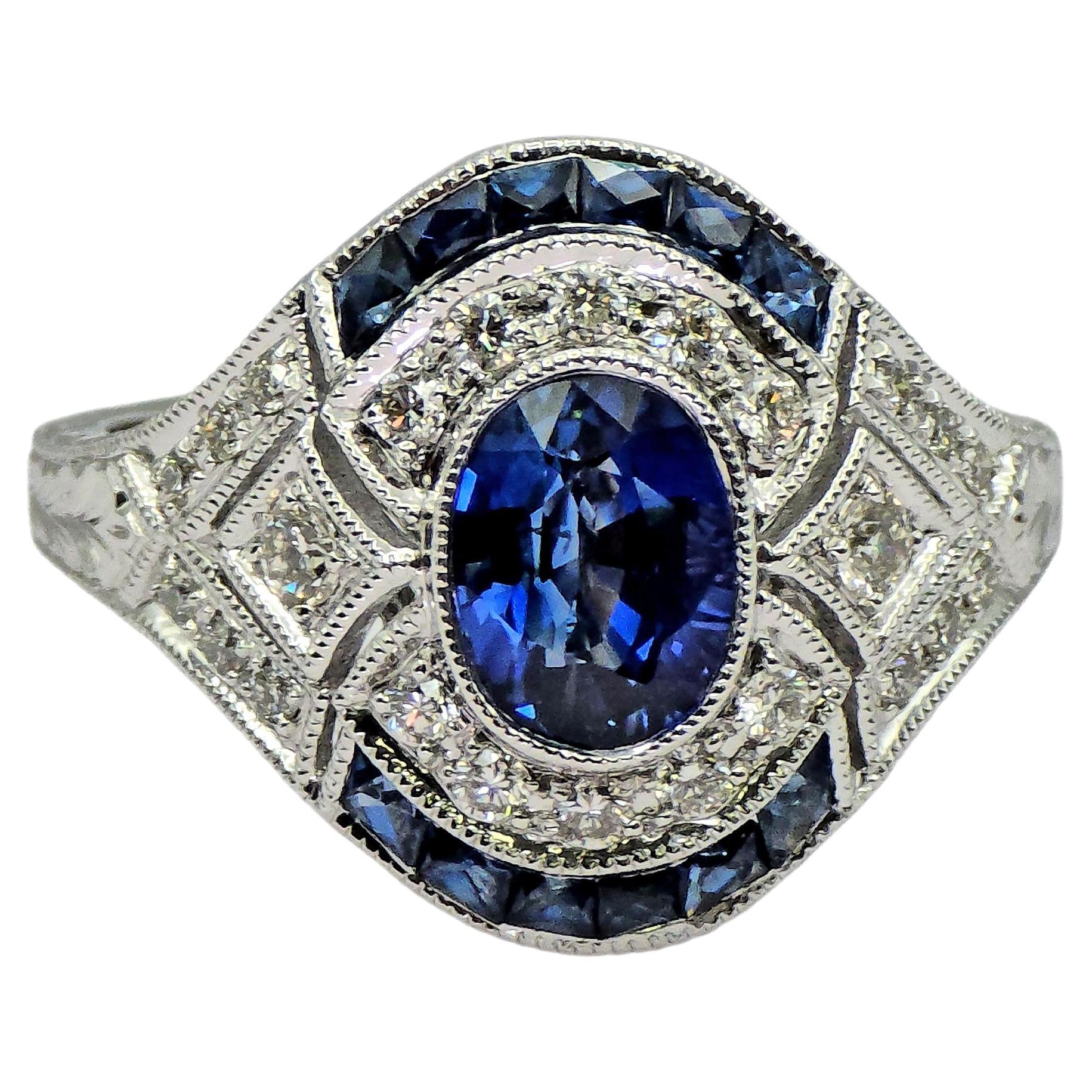 Bague en or blanc 750 millièmes (18K) diamant naturel et saphir bleu
