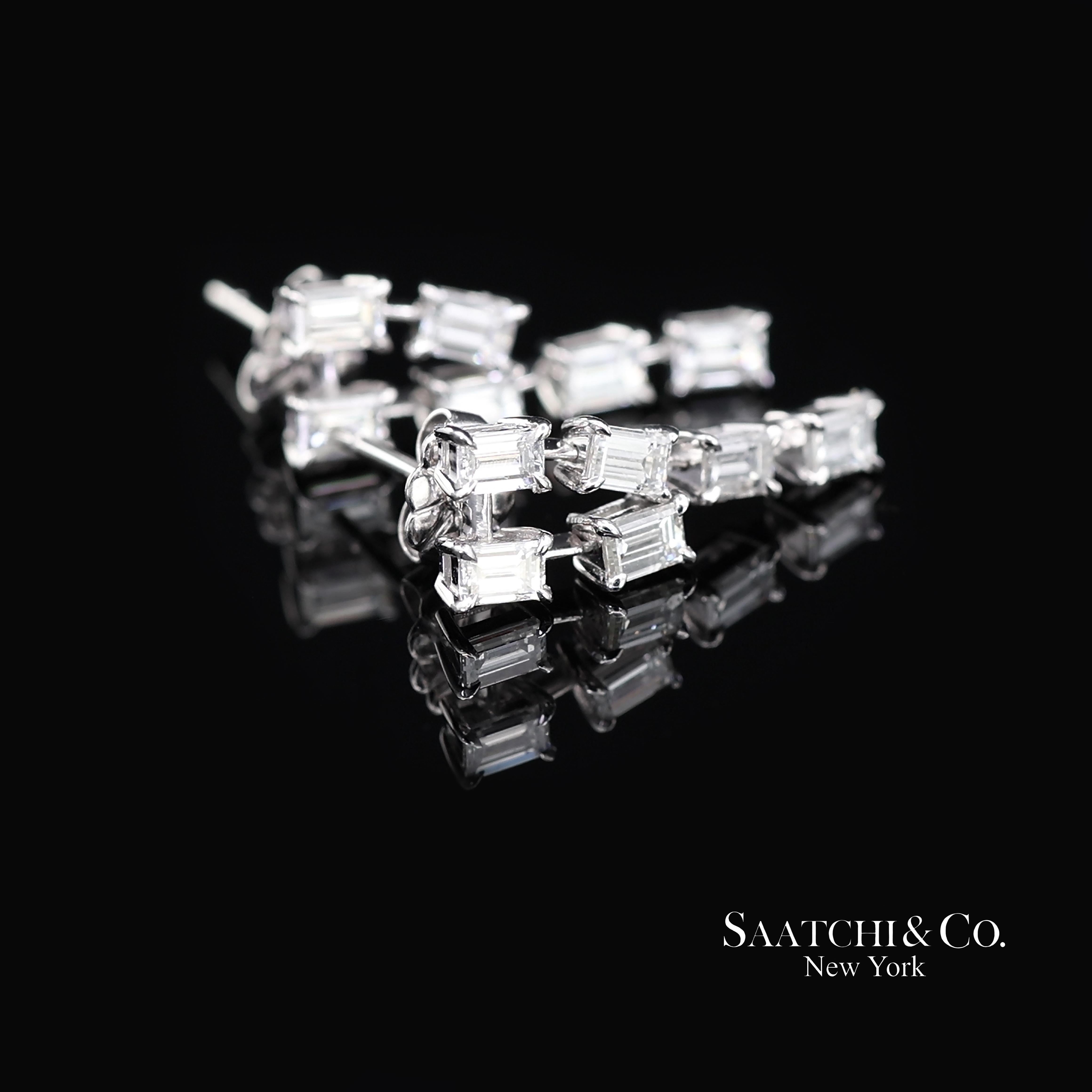 Boucles d'oreilles en or blanc 18K 750 diamants naturels taille émeraude Pour femmes en vente