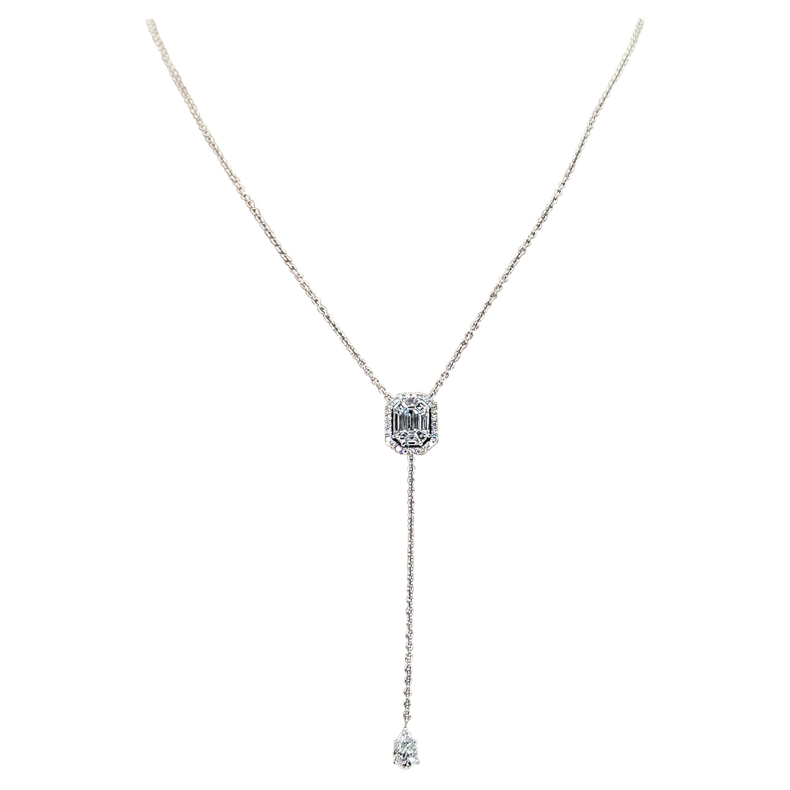 Colgante Esmeralda Ilusión de Diamante Natural de Oro Blanco 750 de 18k con Cadena