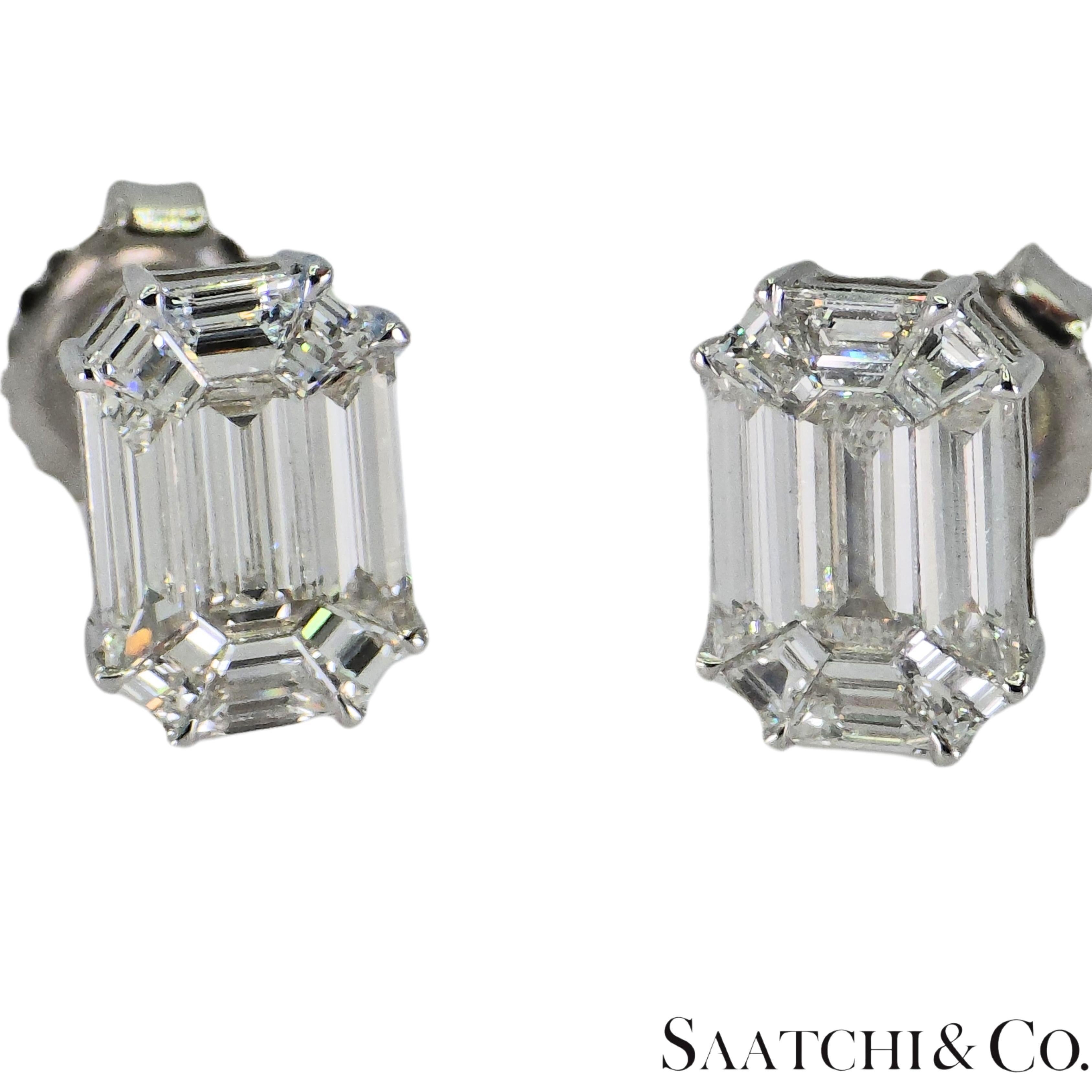 Product Description:

Metal Type: 18K 750 White Gold
Total Item Weight: 2.25 Grams
Natural Diamond Weight: 1.41 Ct.
Diamond Clarity Grade: VVS-VS
Diamond Color Grade: F-G
Diamond Shape: Illusion setting - Emerald Shape
No. Of Diamonds: 9

Internal