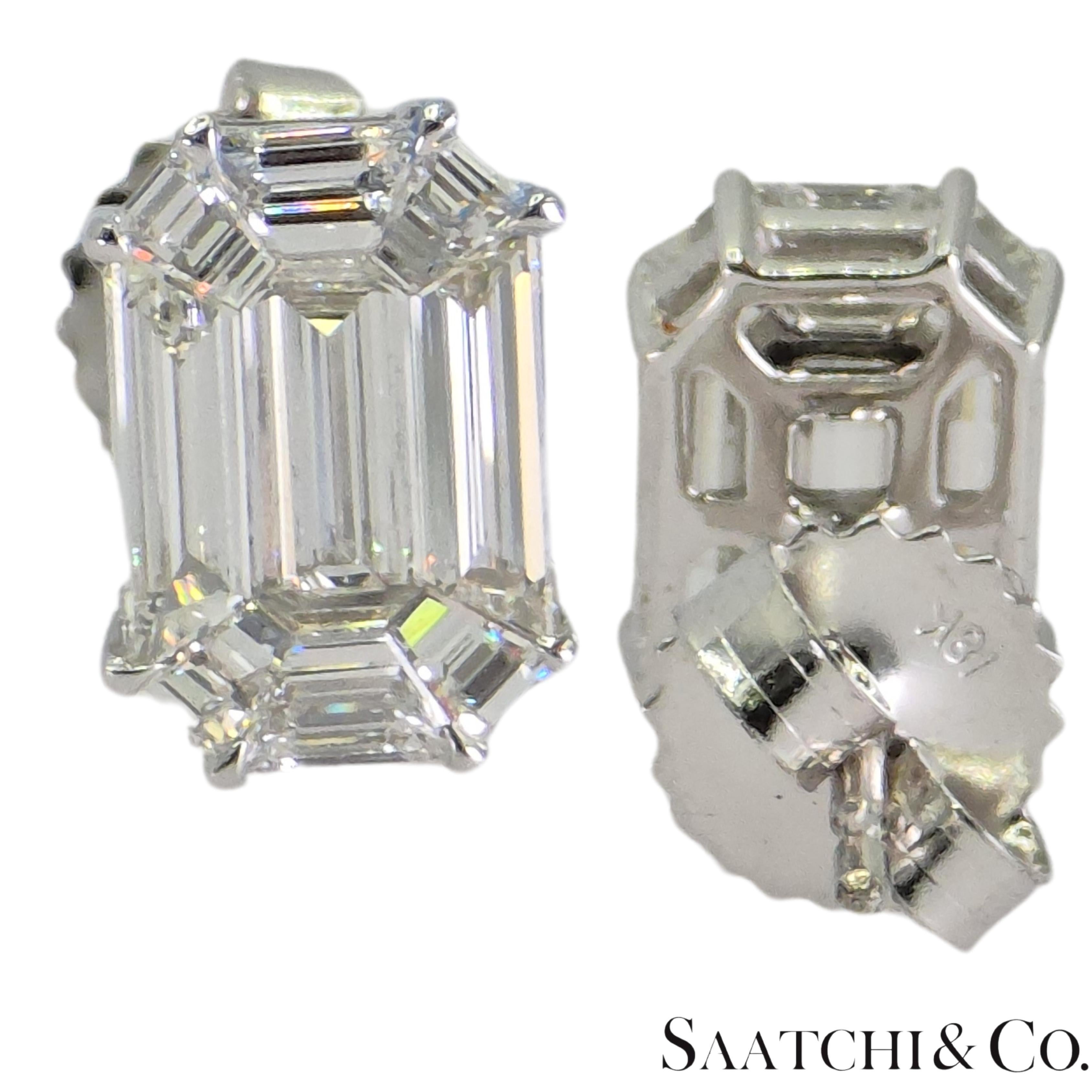 Emerald Cut 18k 750 White Gold Natural Diamond Illusion Setting Earrings For Sale