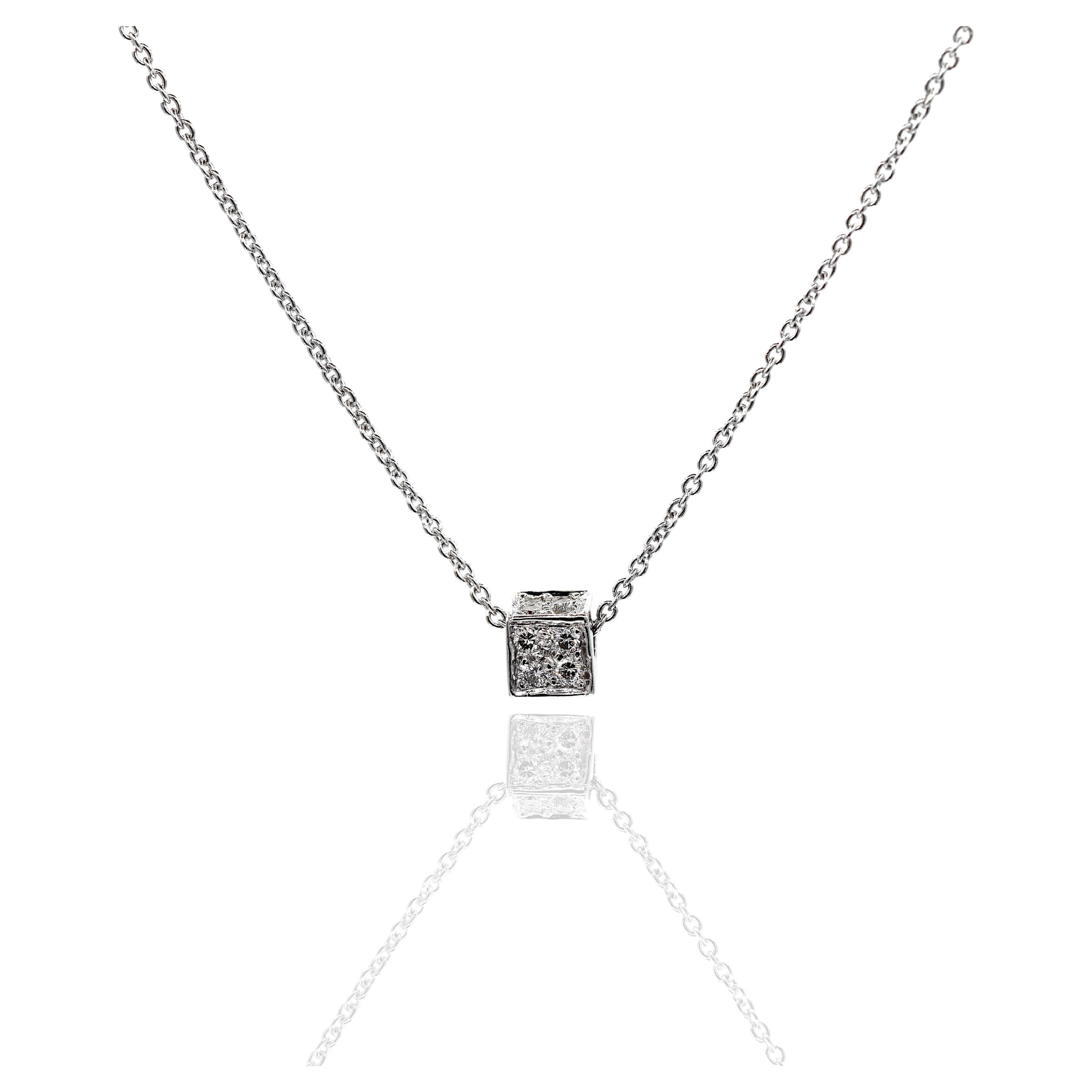 18K 750 White Gold Natural Diamond Square Box Shape Pendant Necklace with Chain