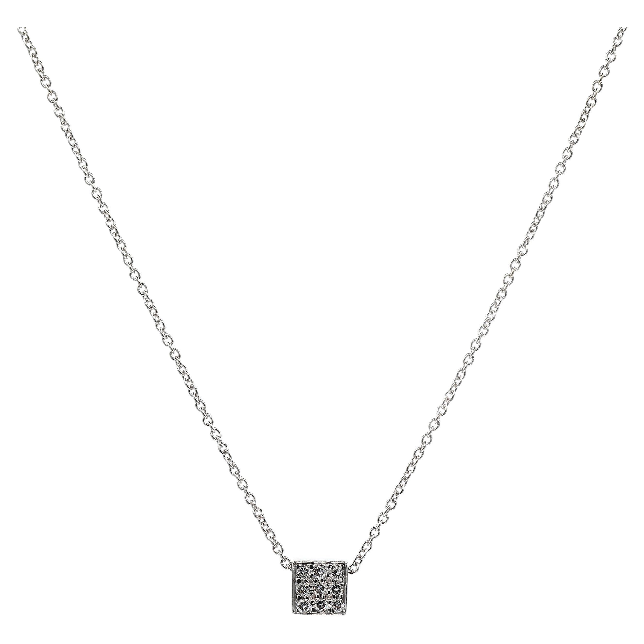 18K 750 White Gold Natural Diamond Square Box Shape Pendant Necklace with Chain