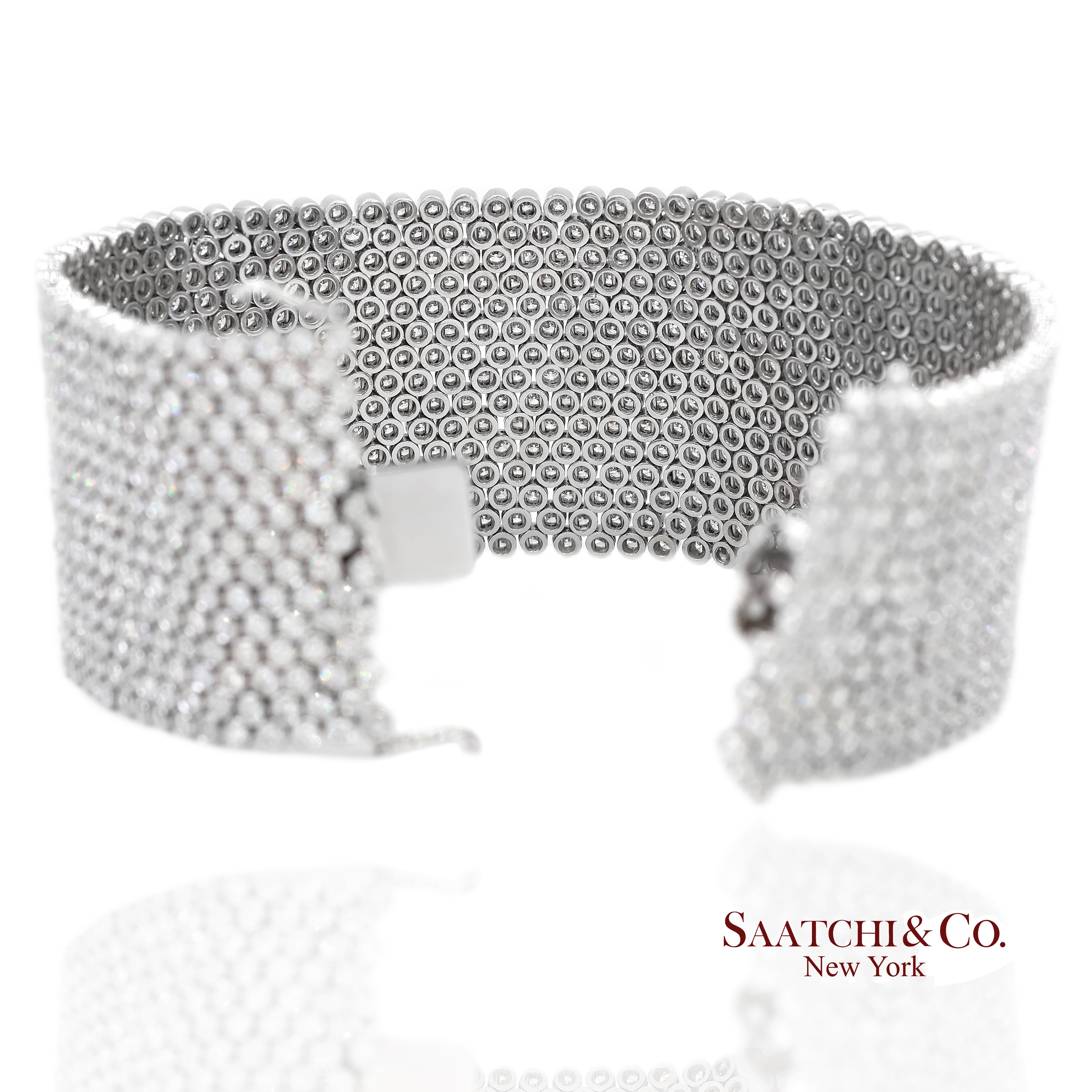 Taglio rotondo Bracciale a maglie larghe con diamanti naturali in oro bianco 18K 750 a 15 file in vendita