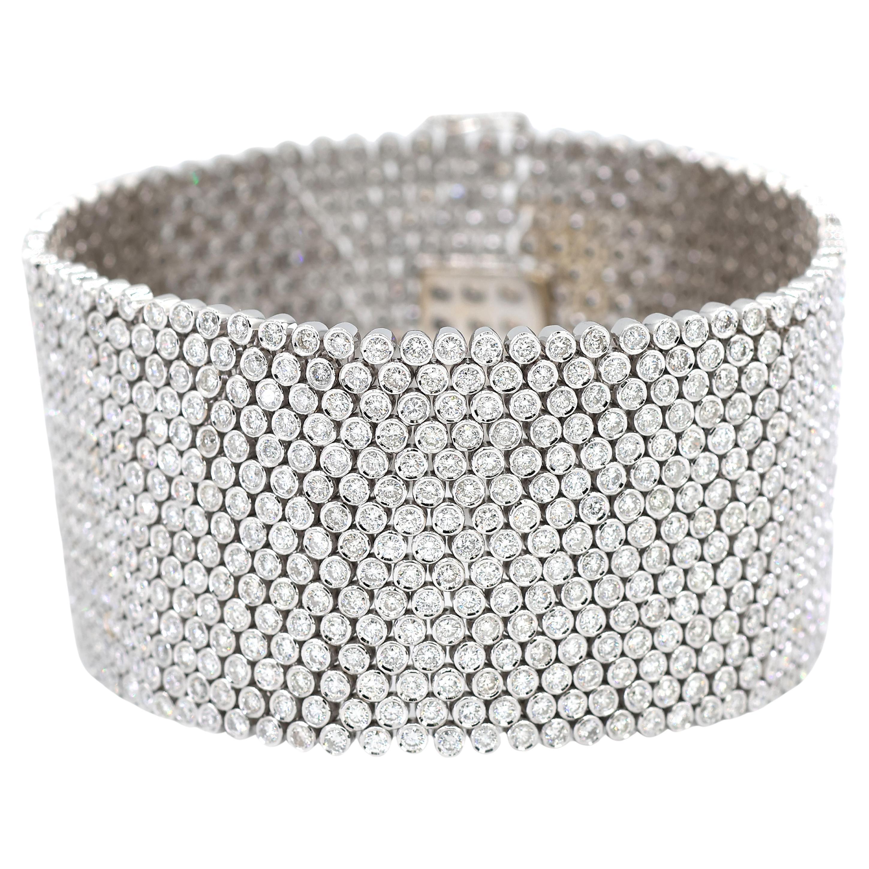 18K 750 White Gold Natural Diamond Wide Mesh Bracelet 15 Rows