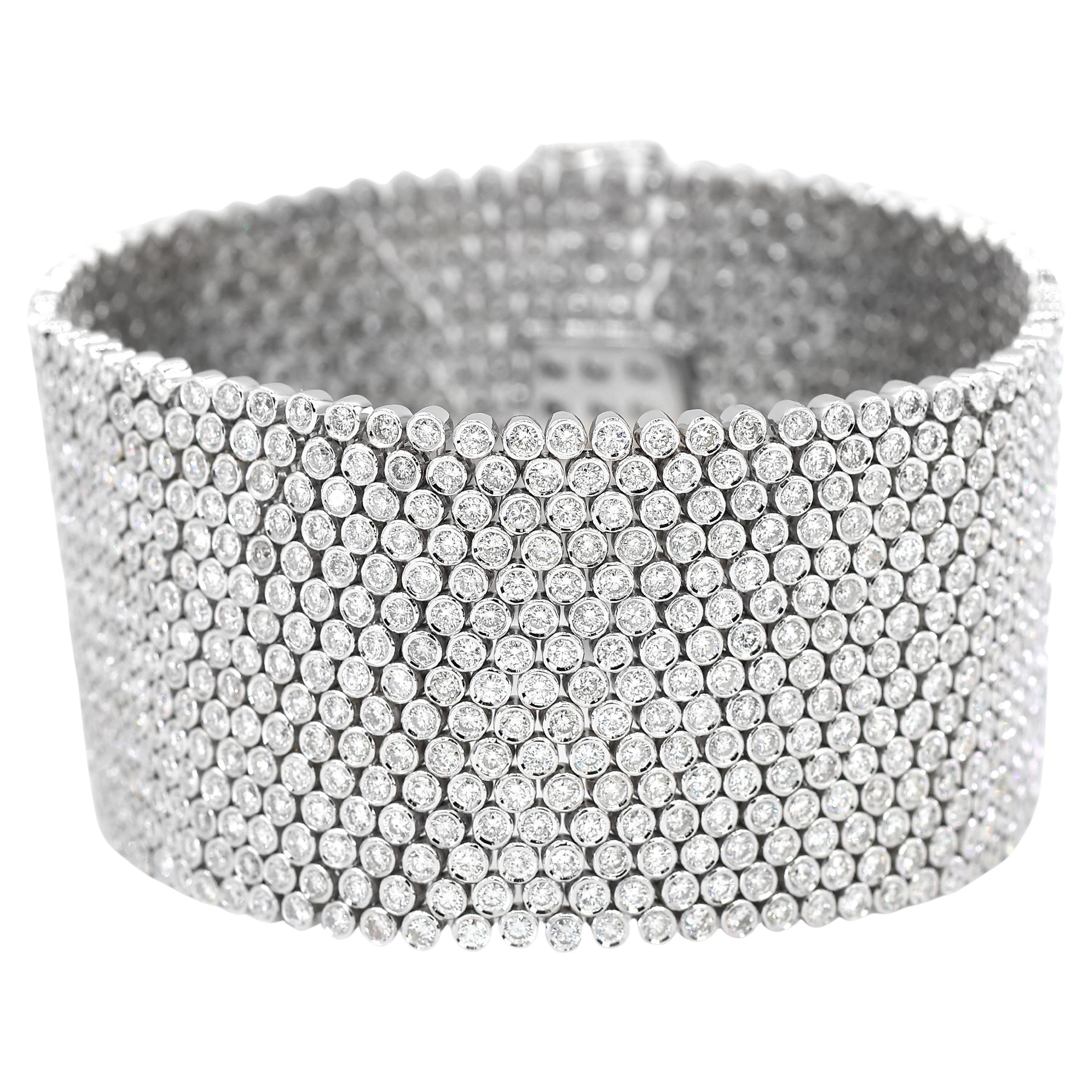 Pulsera de malla ancha con diamantes naturales de oro blanco 750 de 18 quilates 15 filas