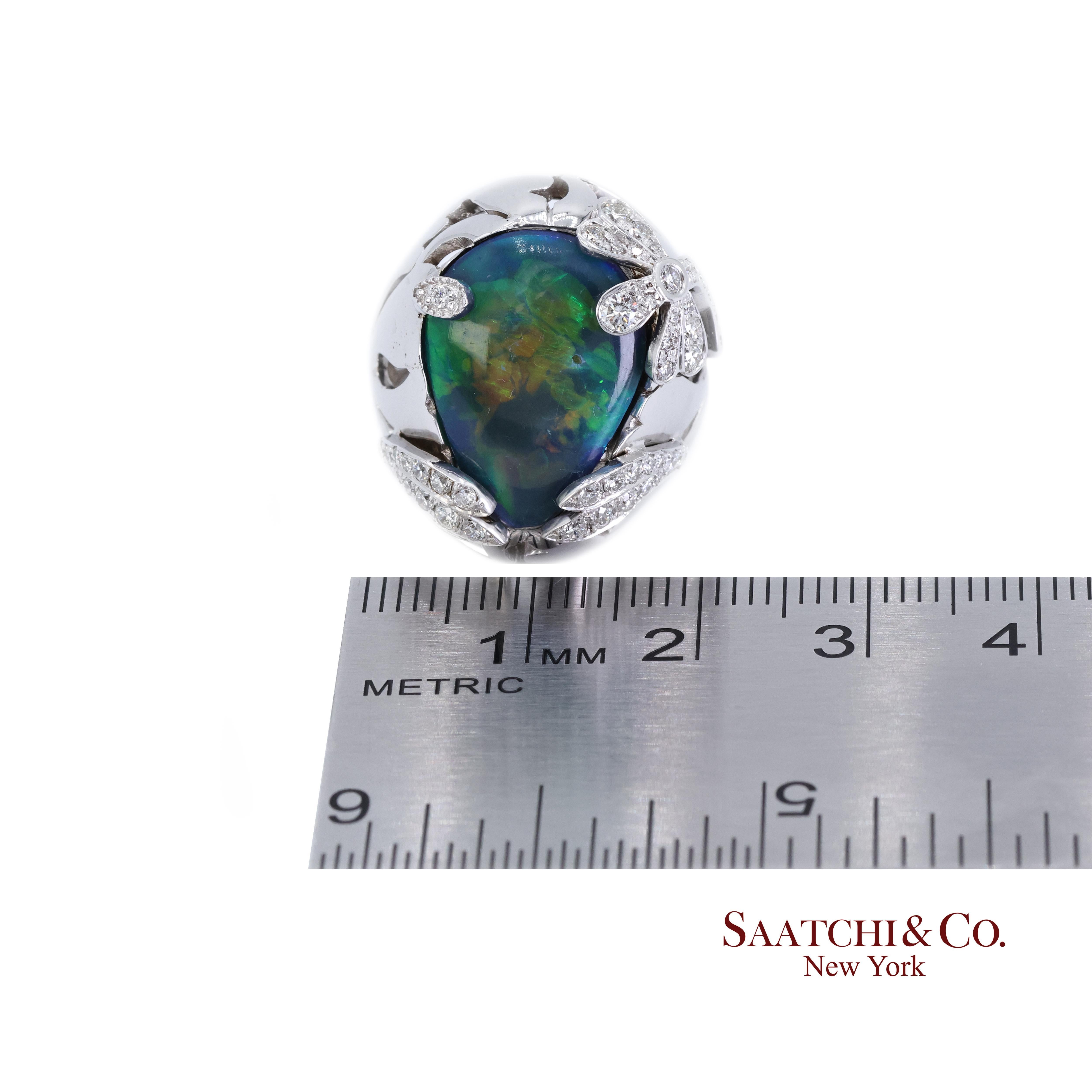 18K 750 Weißgold Natürlicher Birnenopal und breiter Diamantring im Angebot 4