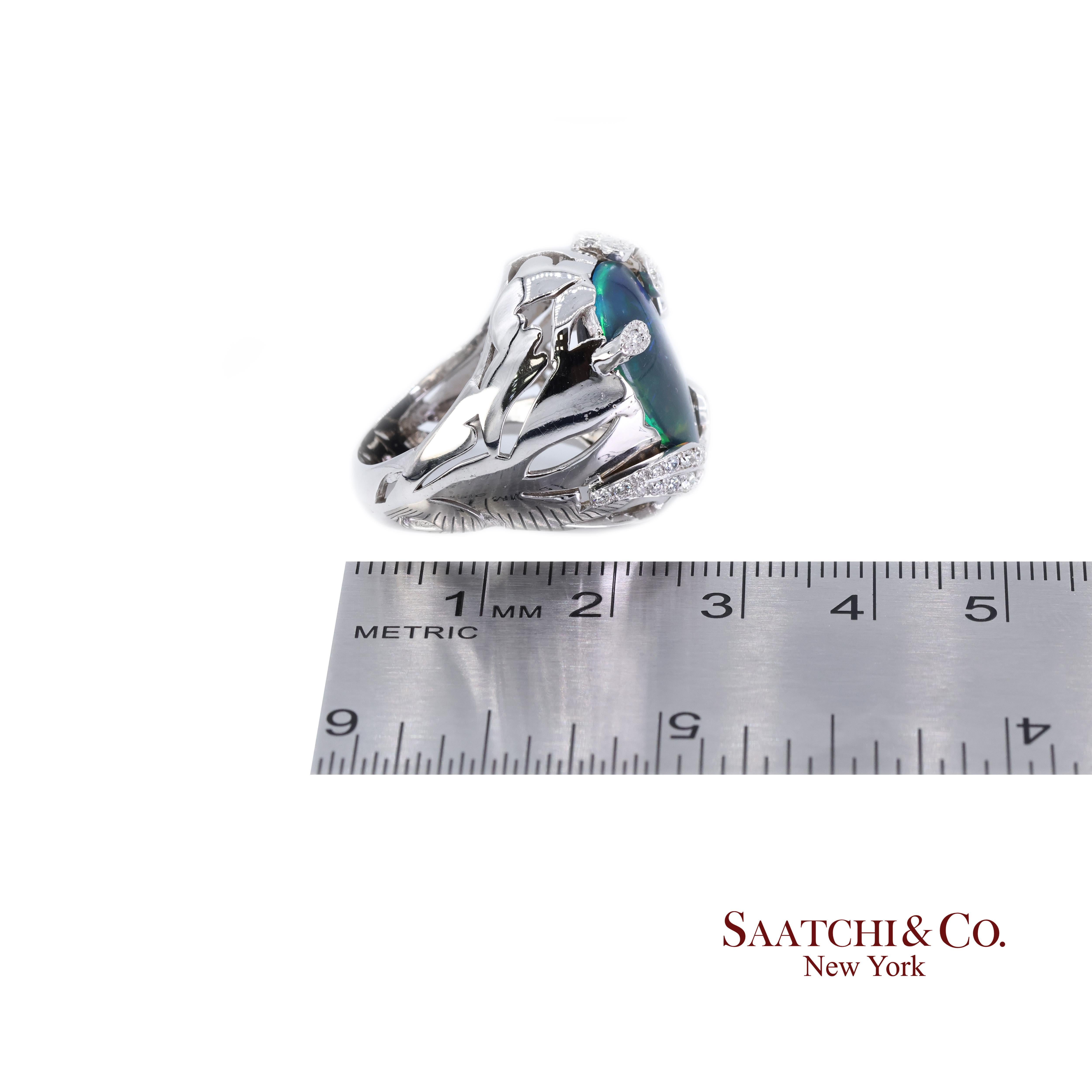 18K 750 Weißgold Natürlicher Birnenopal und breiter Diamantring im Angebot 5