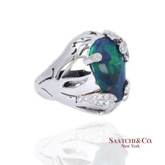 18K 750 White Gold Natural Pear Opal and Diamond Wide Ring
