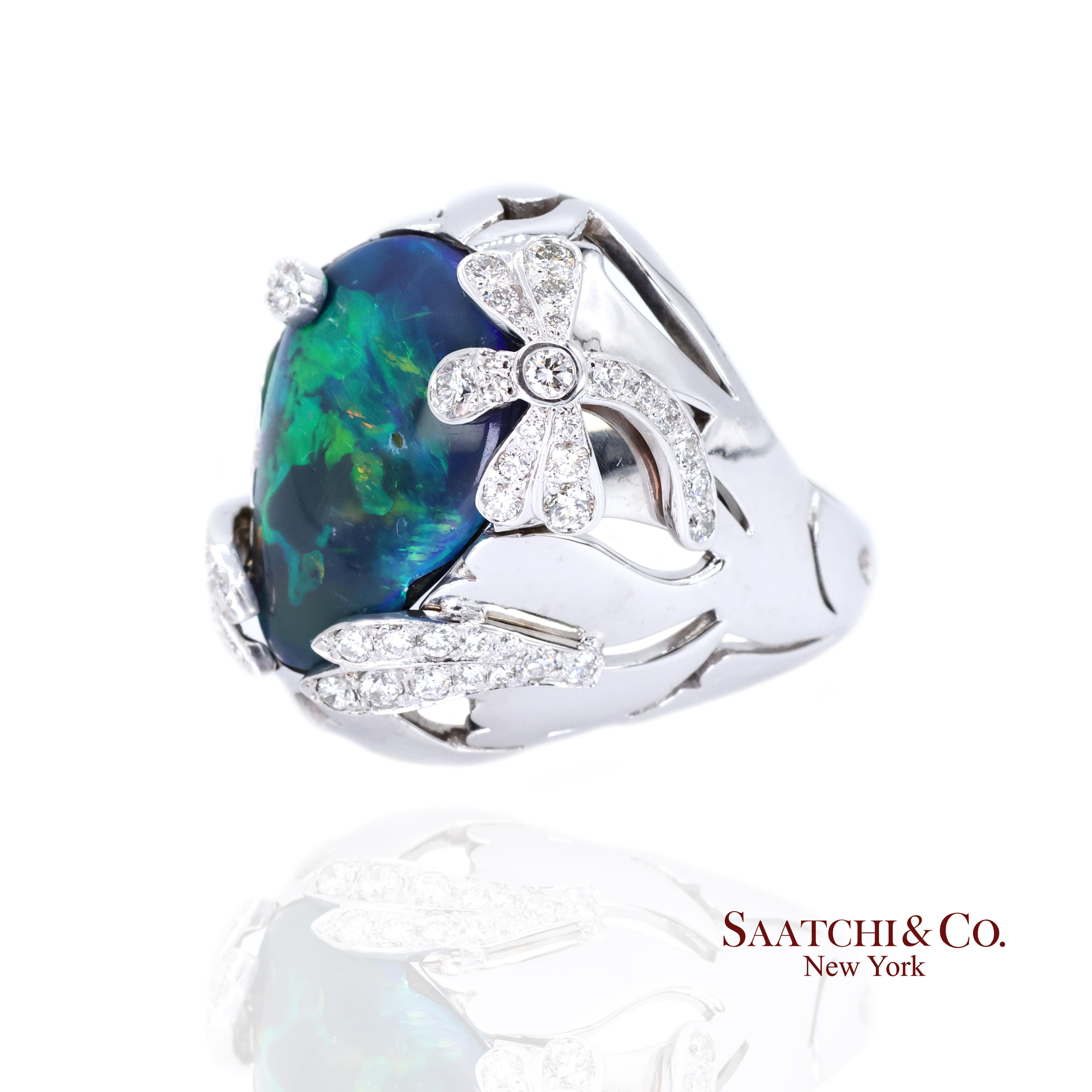 18K 750 Weißgold Natürlicher Birnenopal und breiter Diamantring (Zeitgenössisch) im Angebot