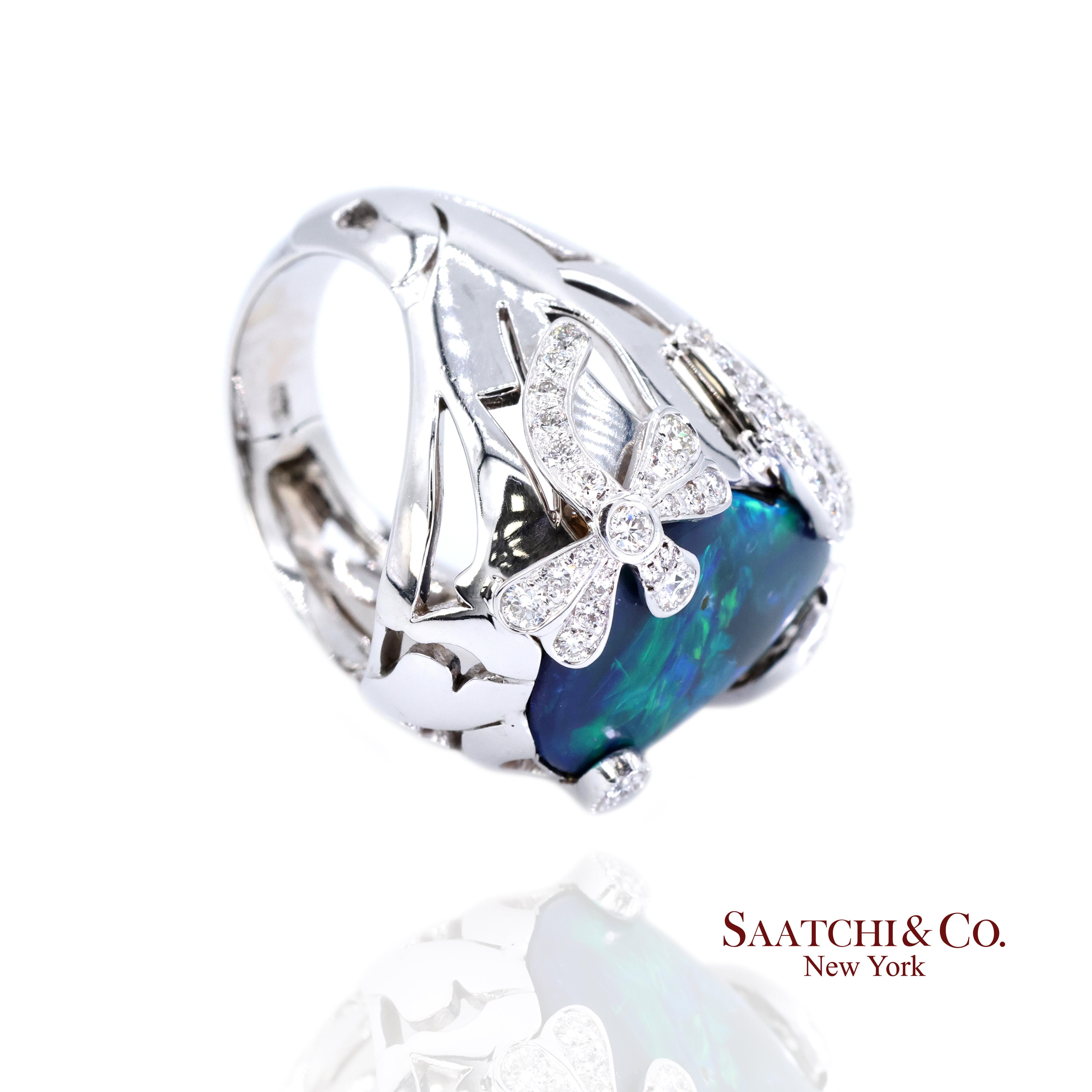 18K 750 Weißgold Natürlicher Birnenopal und breiter Diamantring für Damen oder Herren im Angebot