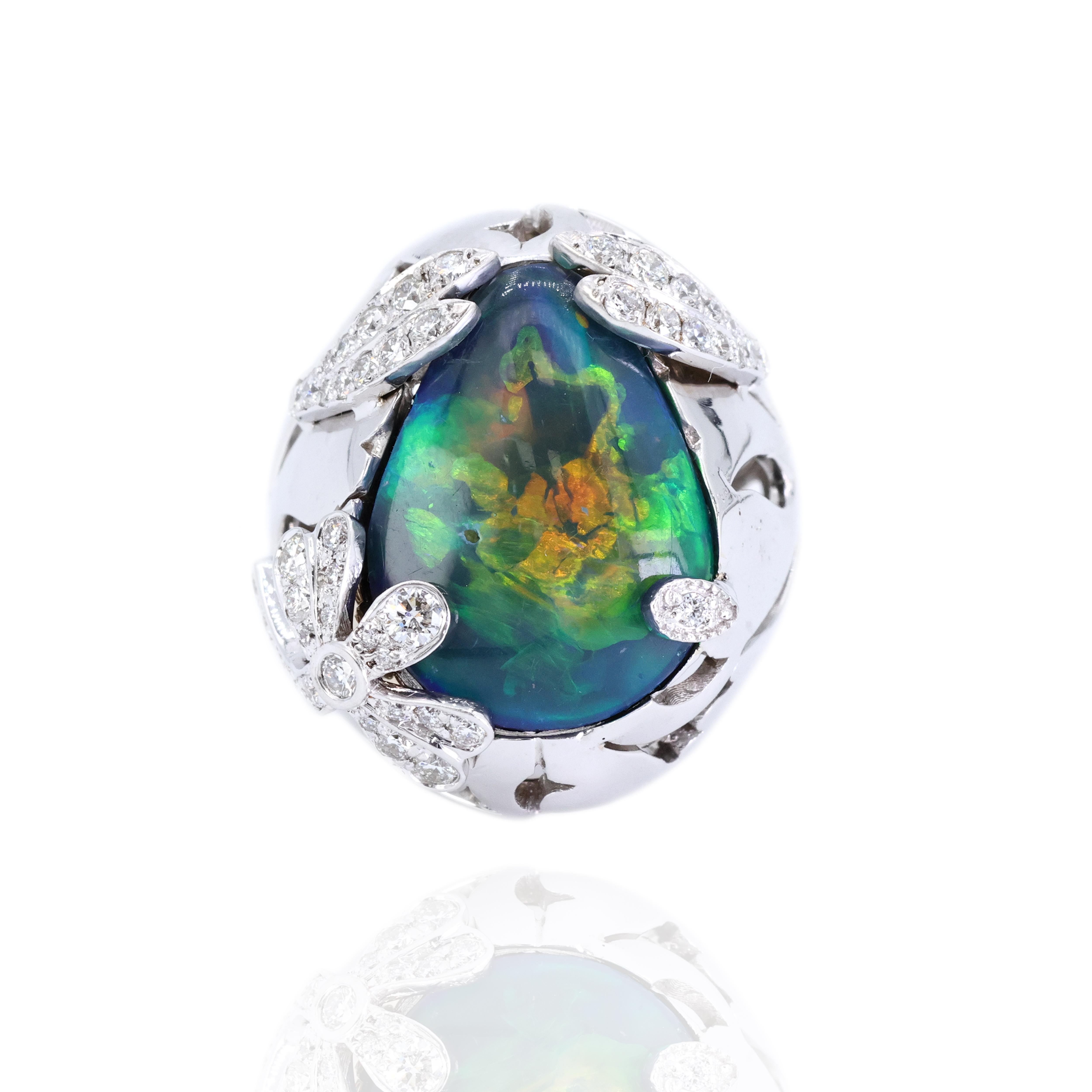 18K 750 Weißgold Natürlicher Birnenopal und breiter Diamantring im Angebot 1