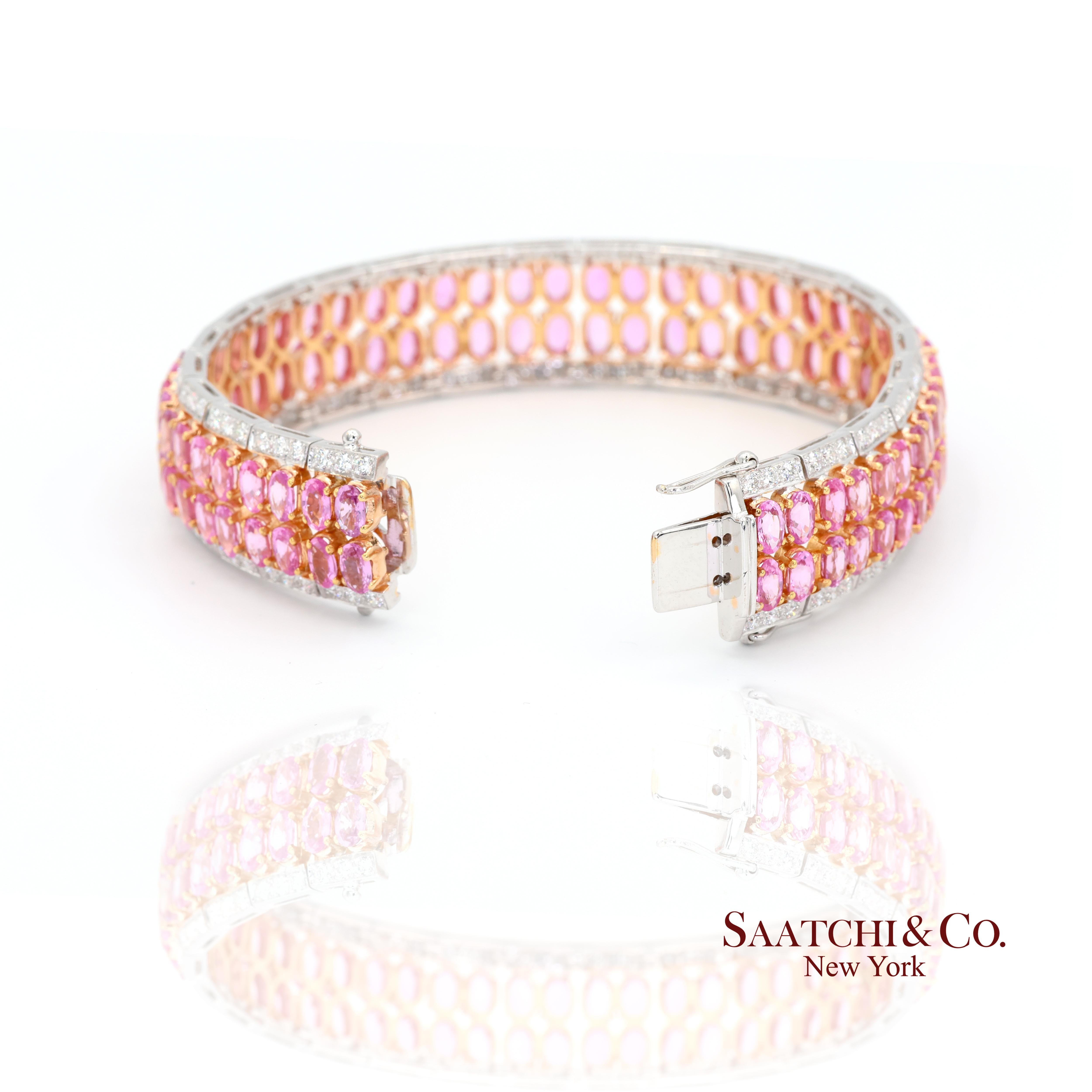 Contemporain Bracelet en or blanc 18k 750 saphirs roses naturels et diamants en vente