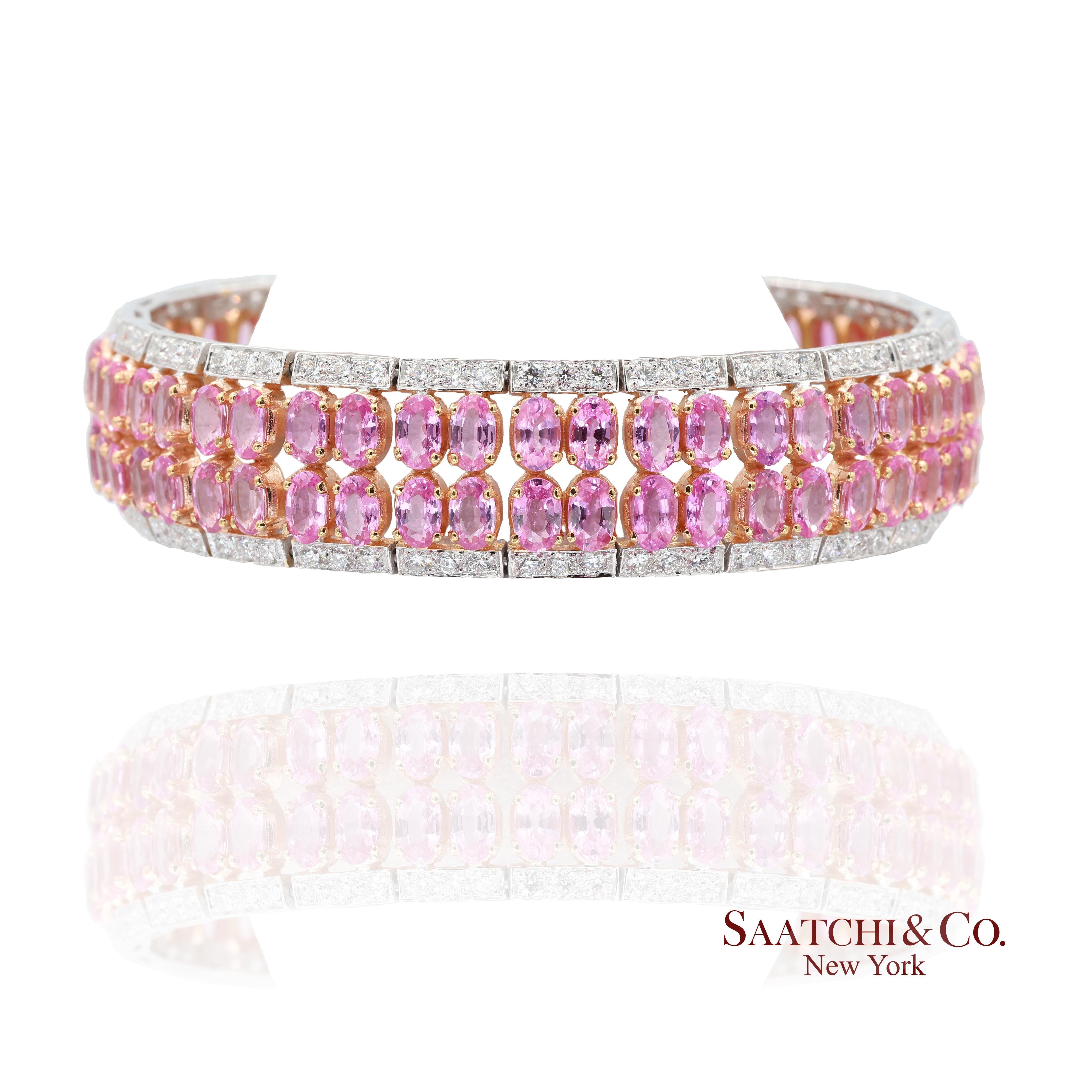 Taille ovale Bracelet en or blanc 18k 750 saphirs roses naturels et diamants en vente