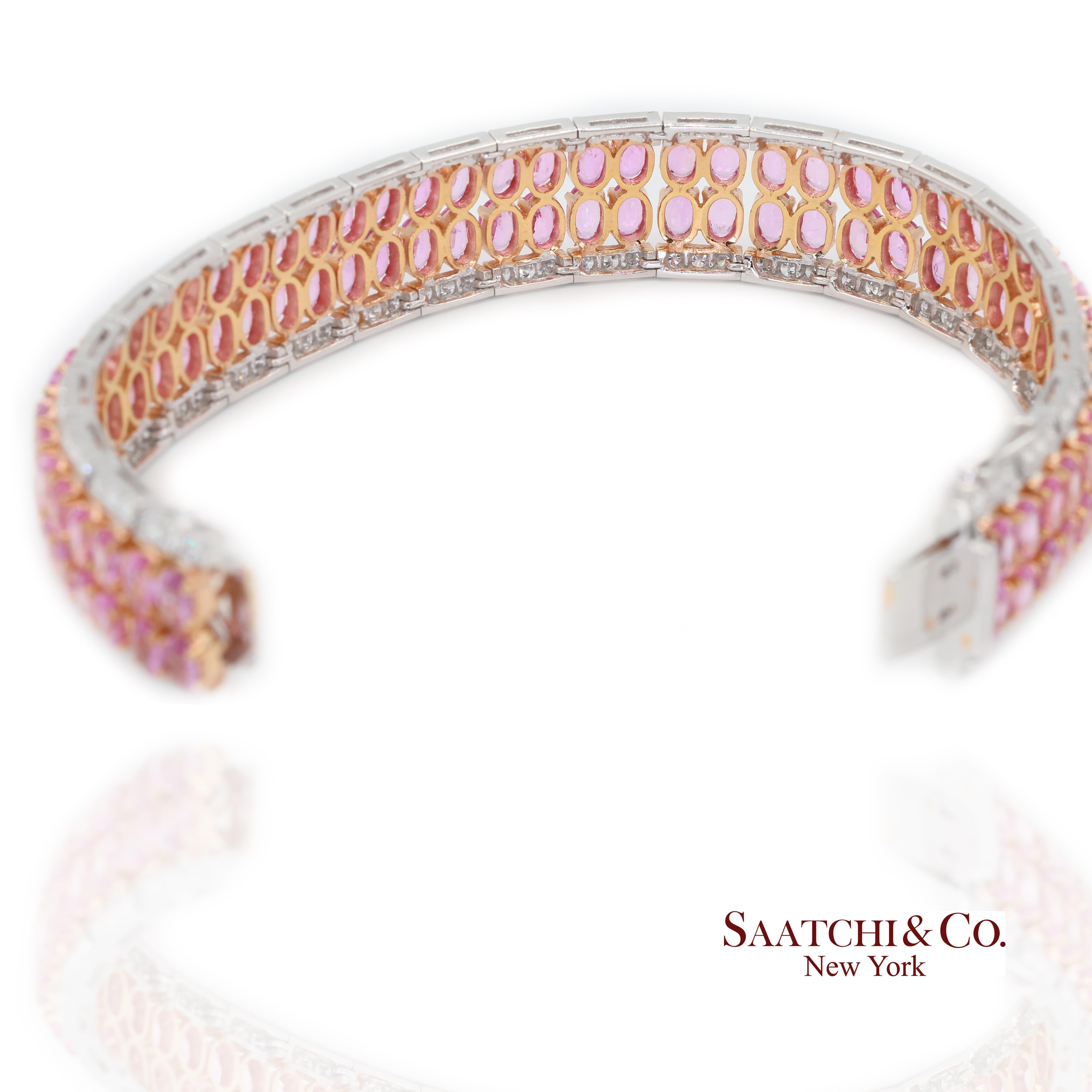 Bracelet en or blanc 18k 750 saphirs roses naturels et diamants Neuf - En vente à New York, NY