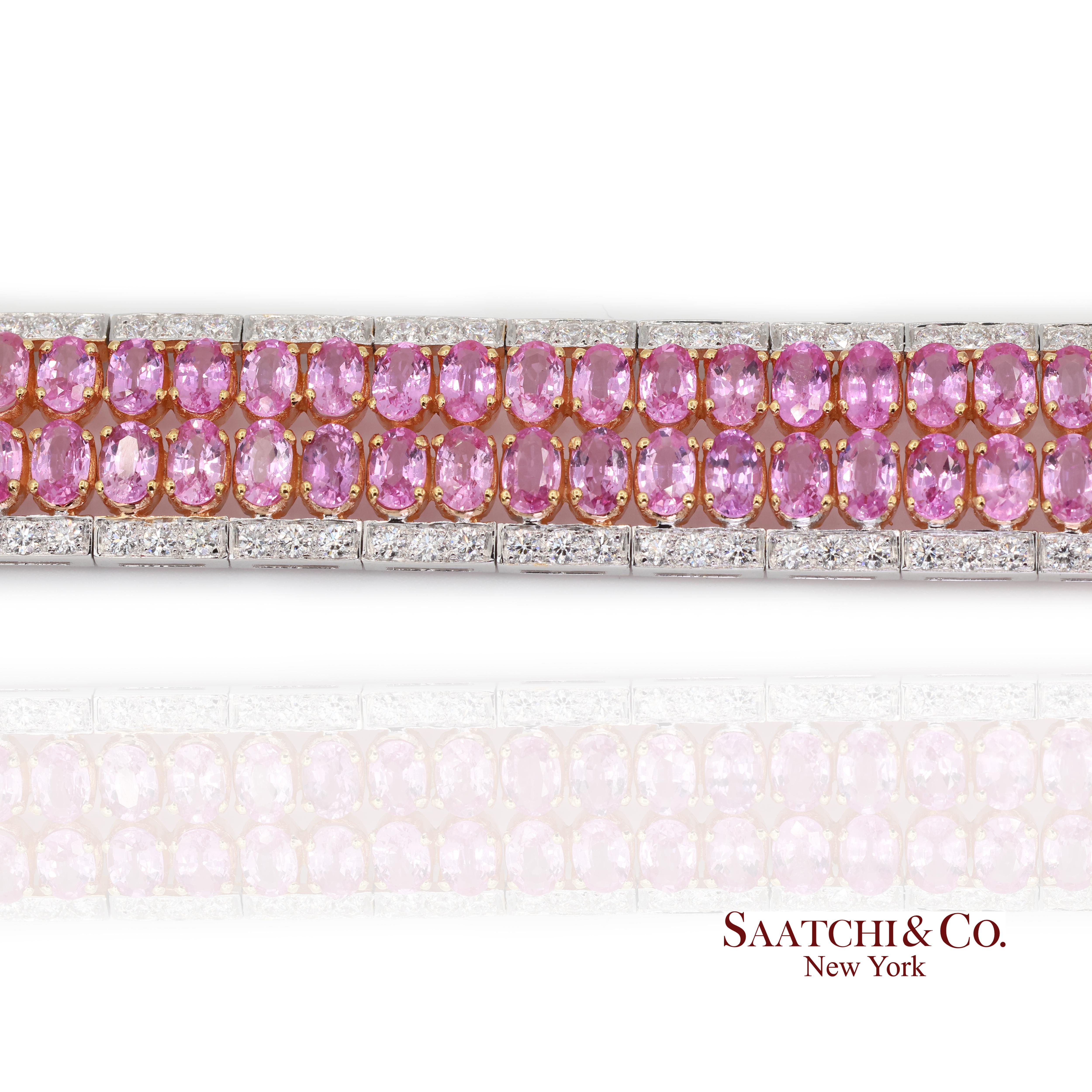 Bracelet en or blanc 18k 750 saphirs roses naturels et diamants Pour femmes en vente