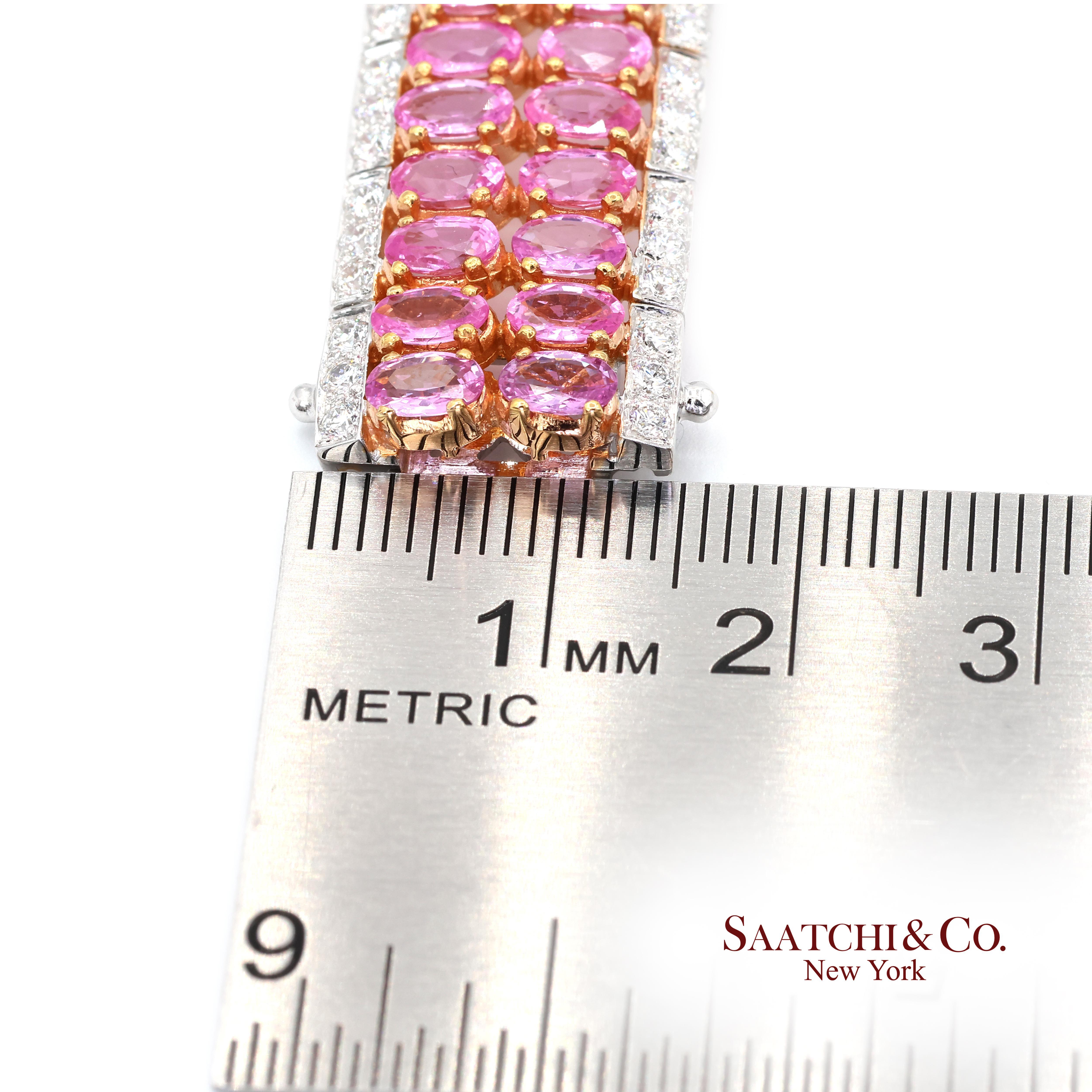 Bracelet en or blanc 18k 750 saphirs roses naturels et diamants en vente 2