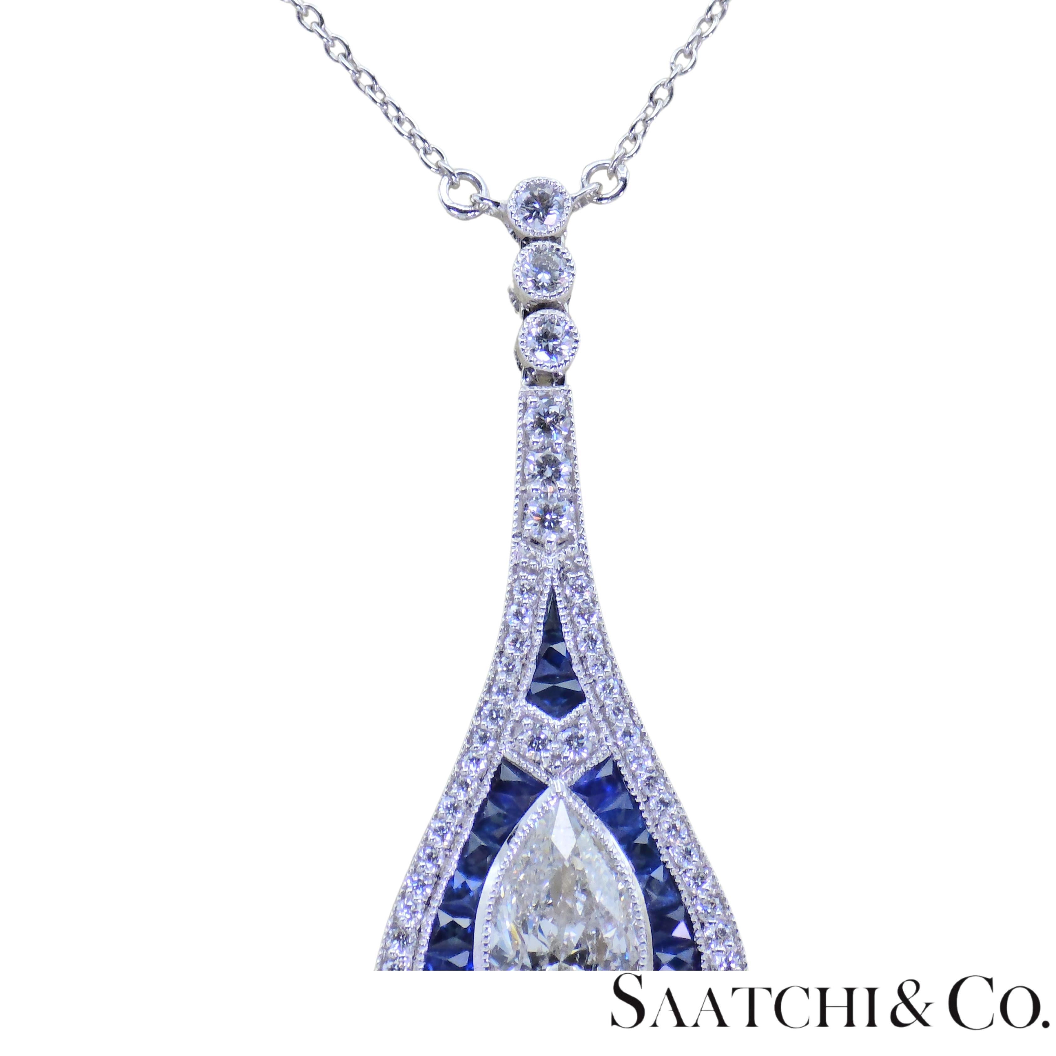 18k 750 Weißgold - Natürlicher VVS-VS Diamant & Saphir: Anhänger und Kette im Angebot 3