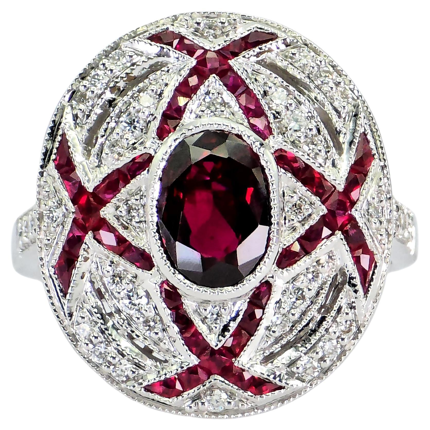 Bague en or blanc 18K 750 diamants et rubis naturels VVS Taille 7