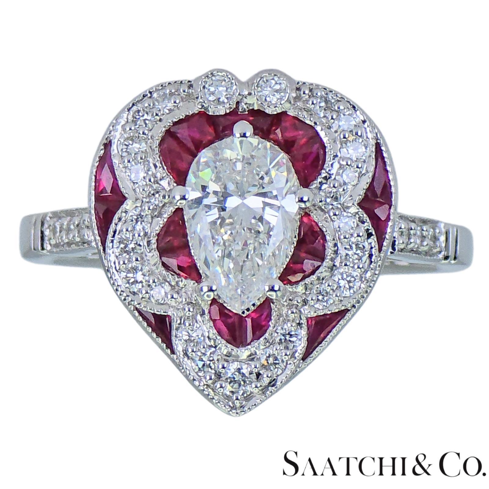 Or blanc 750 millièmes (18k) - Bague en forme de poire : diamant naturel et rubis en vente 5