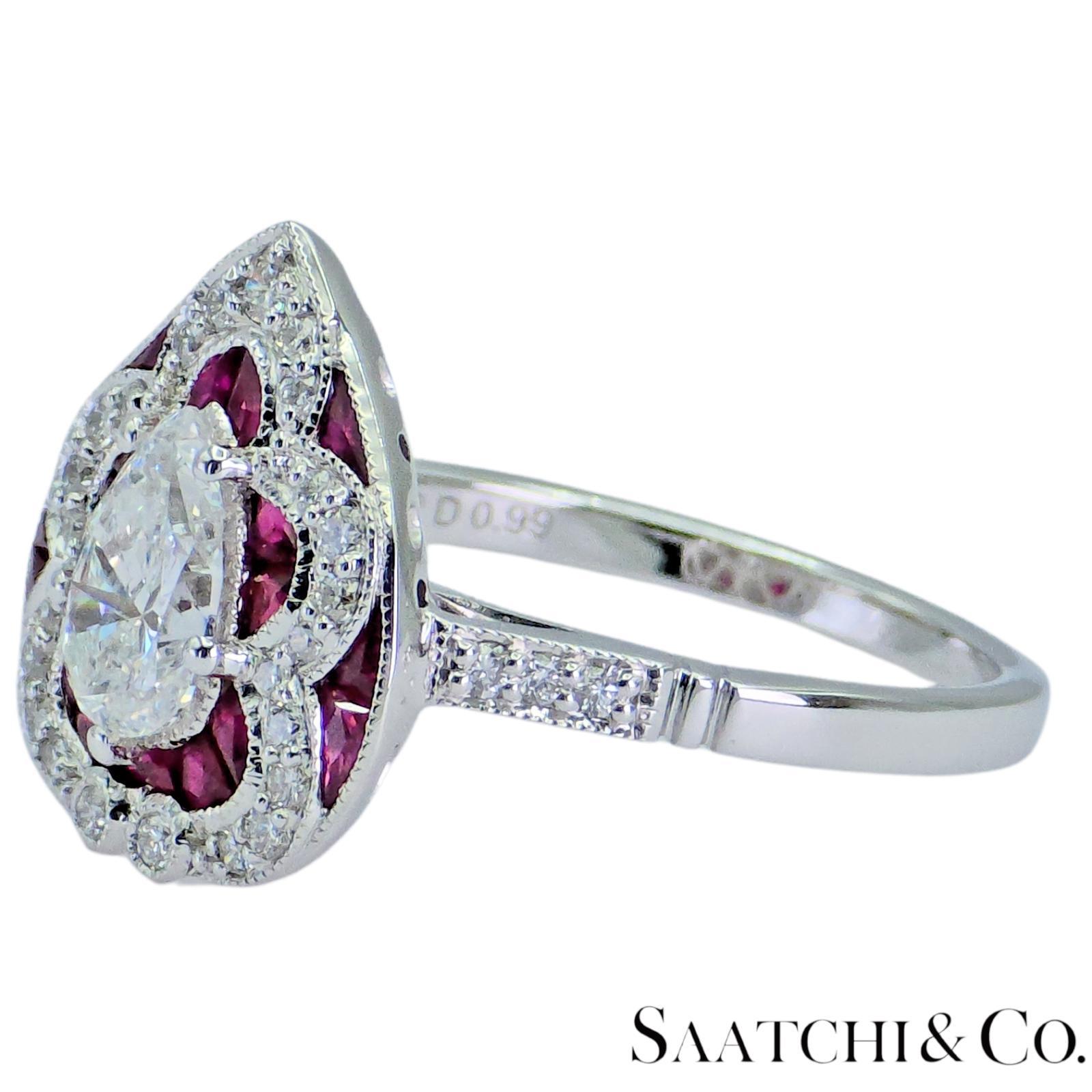 Taille poire Or blanc 750 millièmes (18k) - Bague en forme de poire : diamant naturel et rubis en vente
