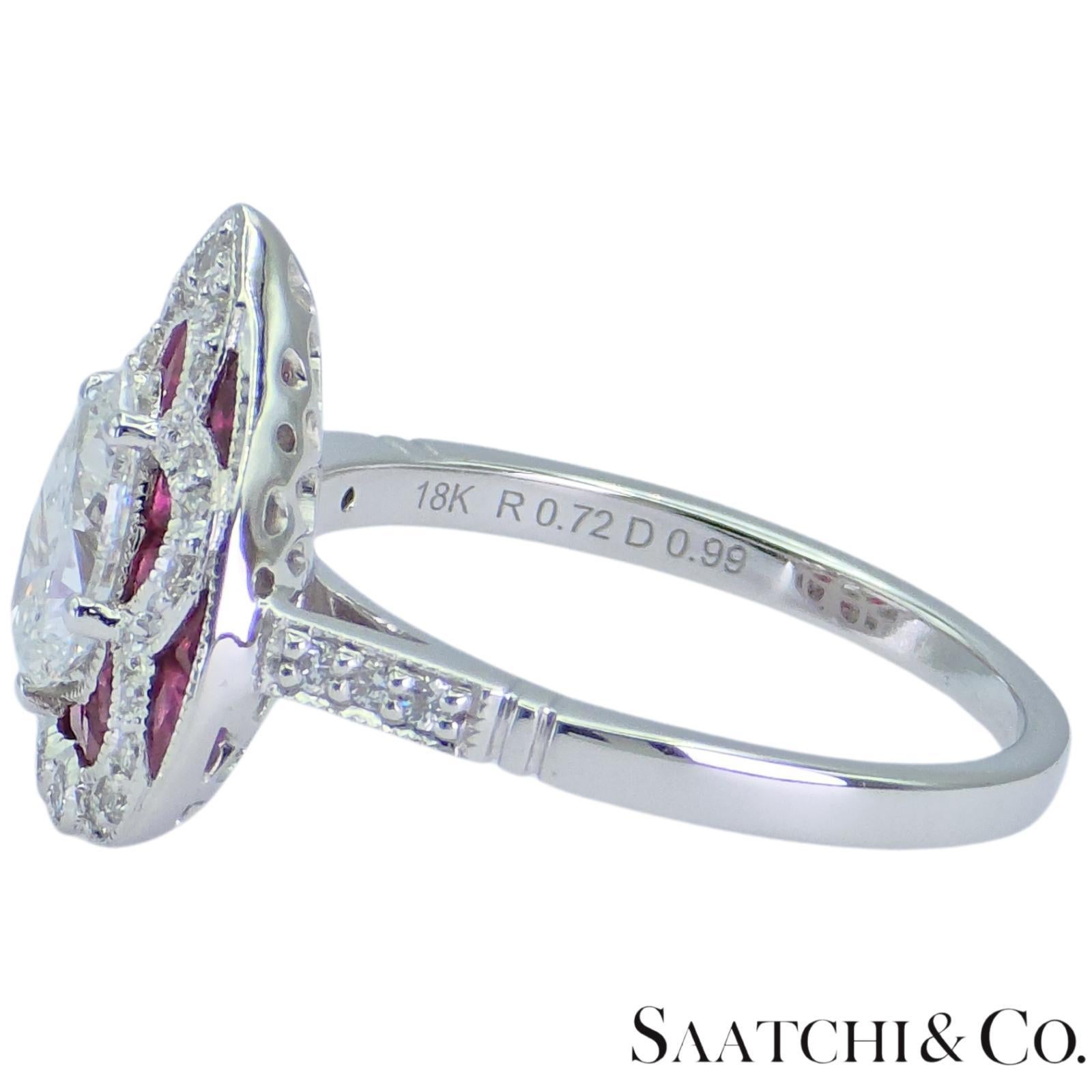 Or blanc 750 millièmes (18k) - Bague en forme de poire : diamant naturel et rubis en vente 1