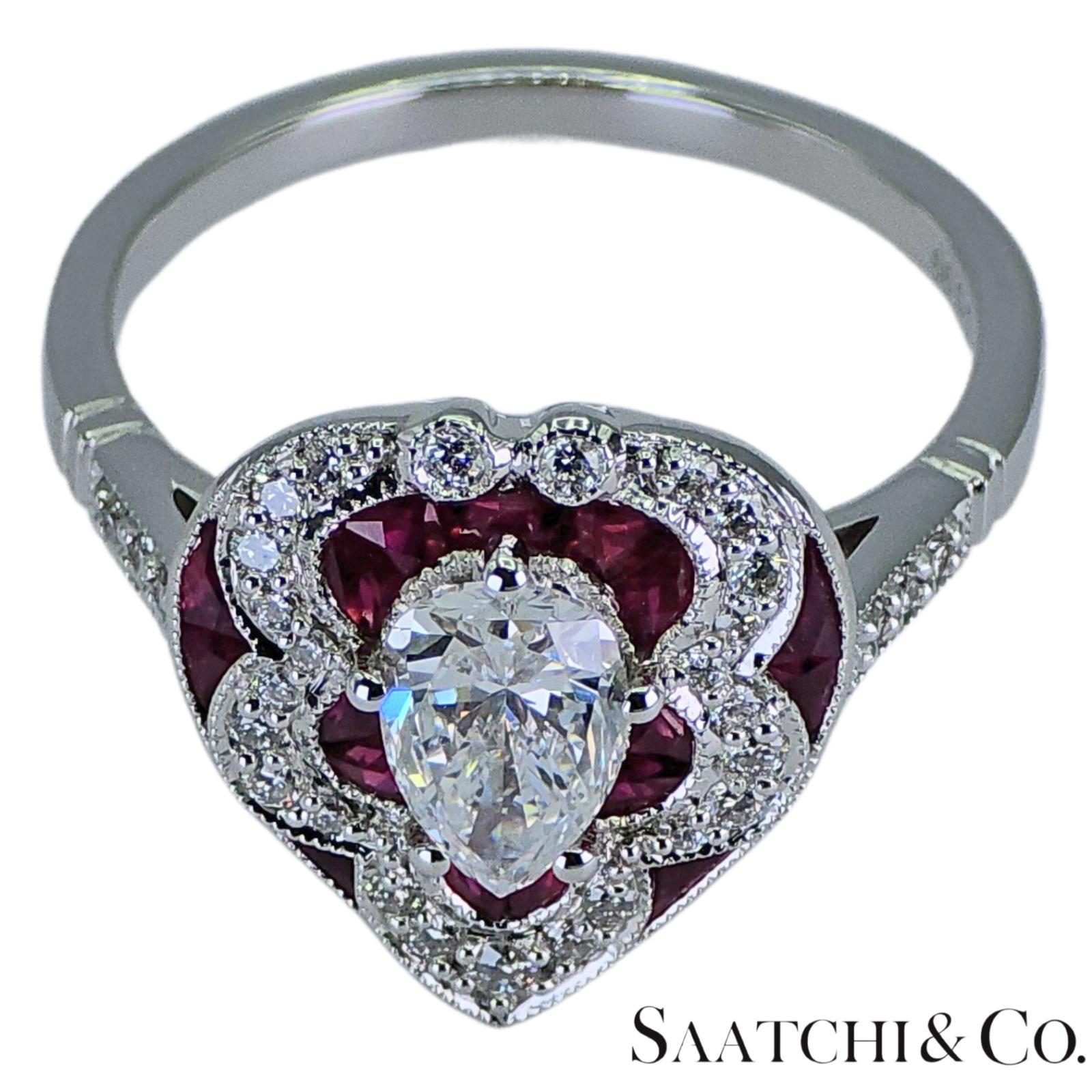 Or blanc 750 millièmes (18k) - Bague en forme de poire : diamant naturel et rubis en vente 2