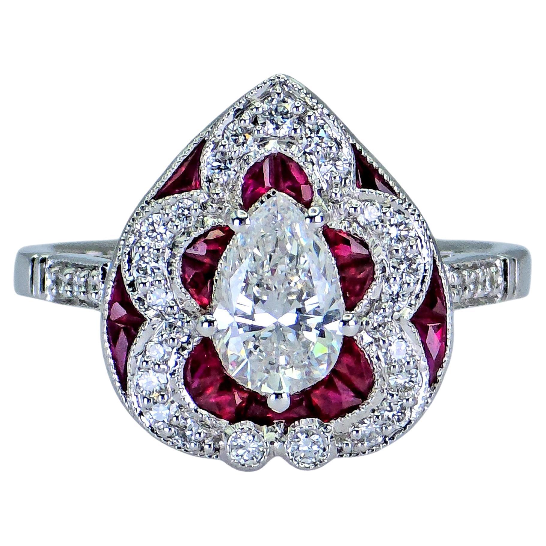 Or blanc 750 millièmes (18k) - Bague en forme de poire : diamant naturel et rubis en vente