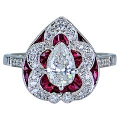 18k 750 White Gold - Pear Shape Ring: Natural Diamond and Ruby