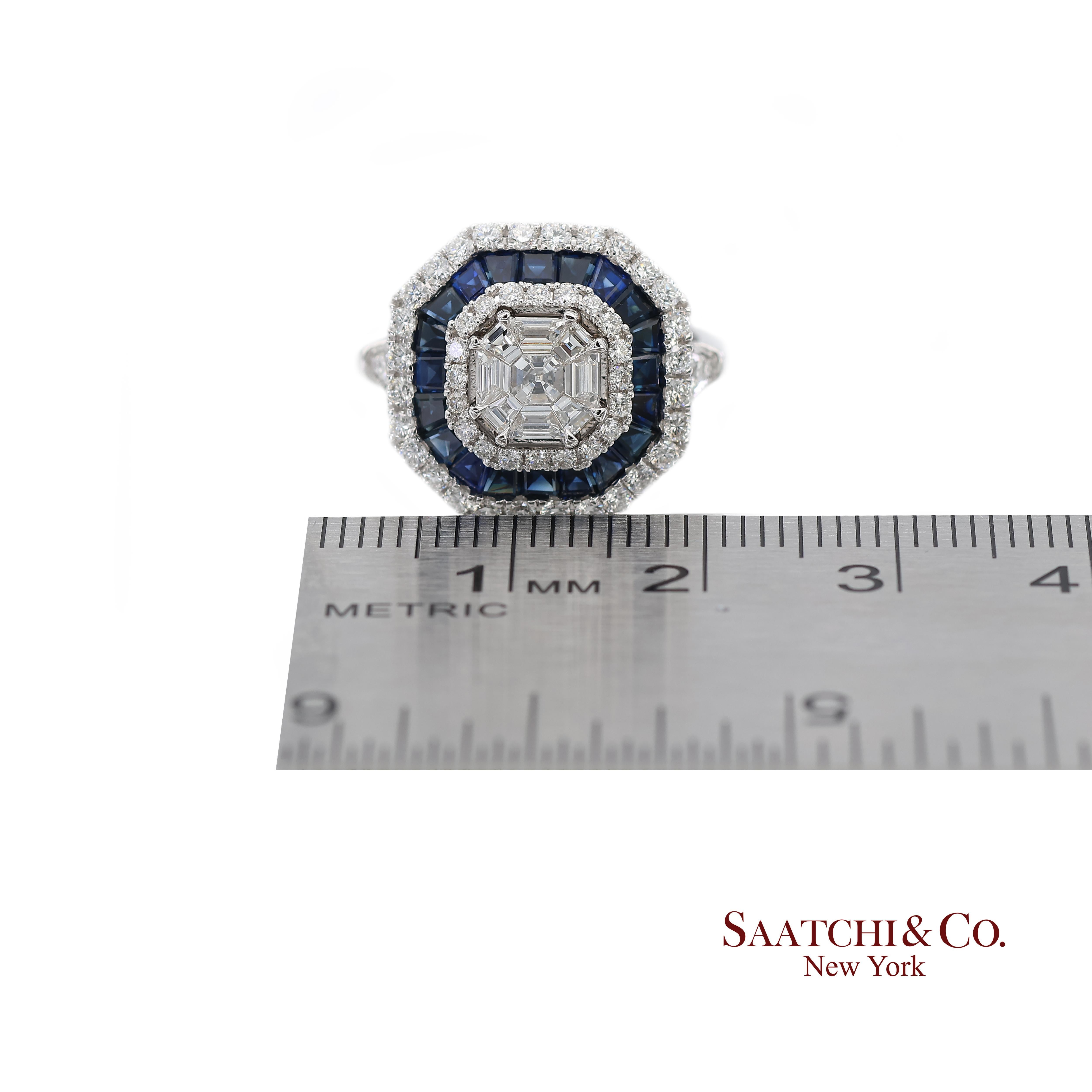 Bague en or blanc 750 millièmes (18K) saphir bleu royal et diamant naturel de taille Asscher Pie Cut en vente 4
