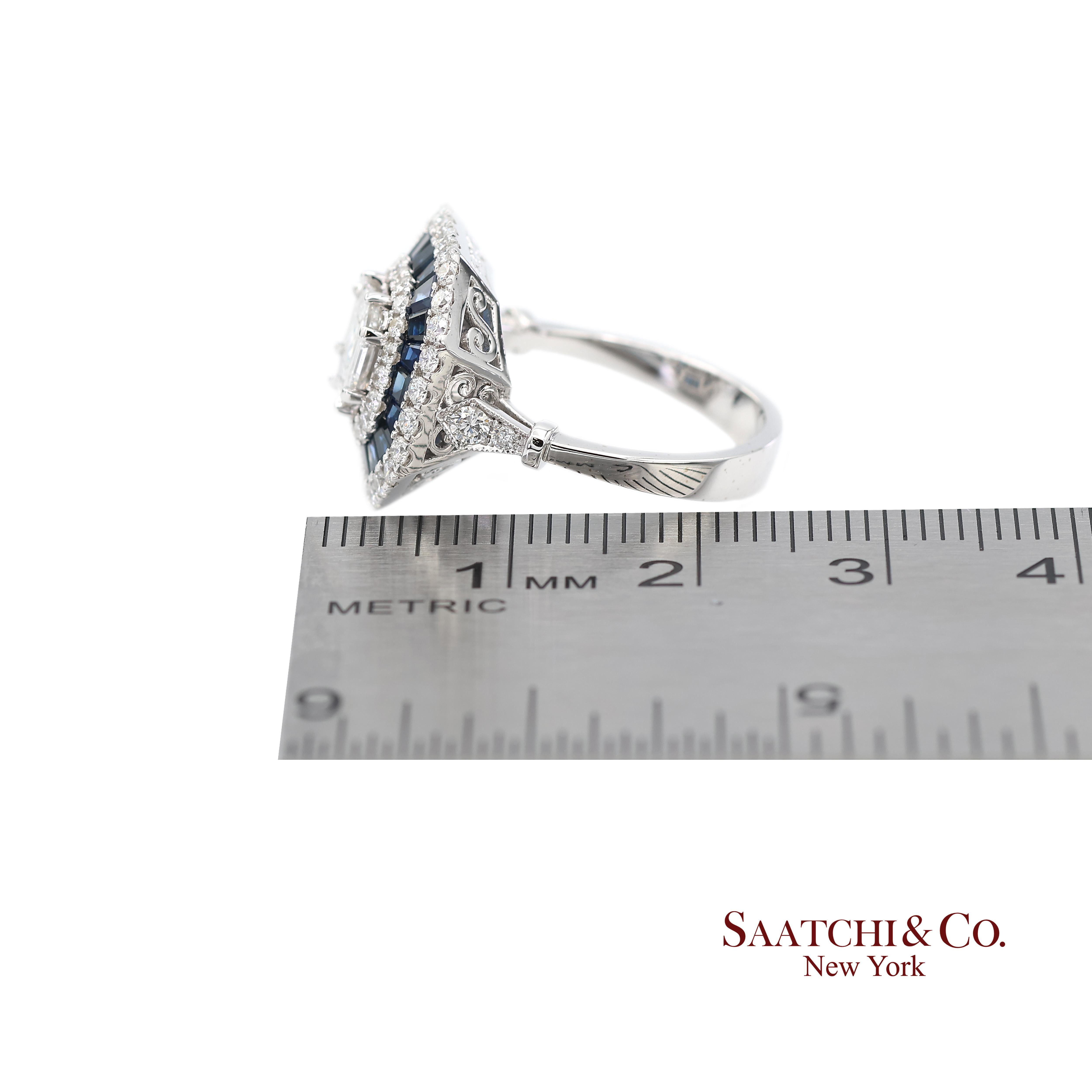 Bague en or blanc 750 millièmes (18K) saphir bleu royal et diamant naturel de taille Asscher Pie Cut en vente 5