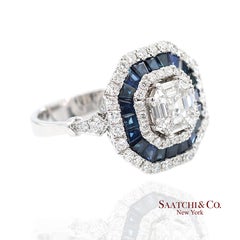 18K 750 White Gold Royal Blue Sapphire and Asscher Pie Cut Natural Diamond Ring