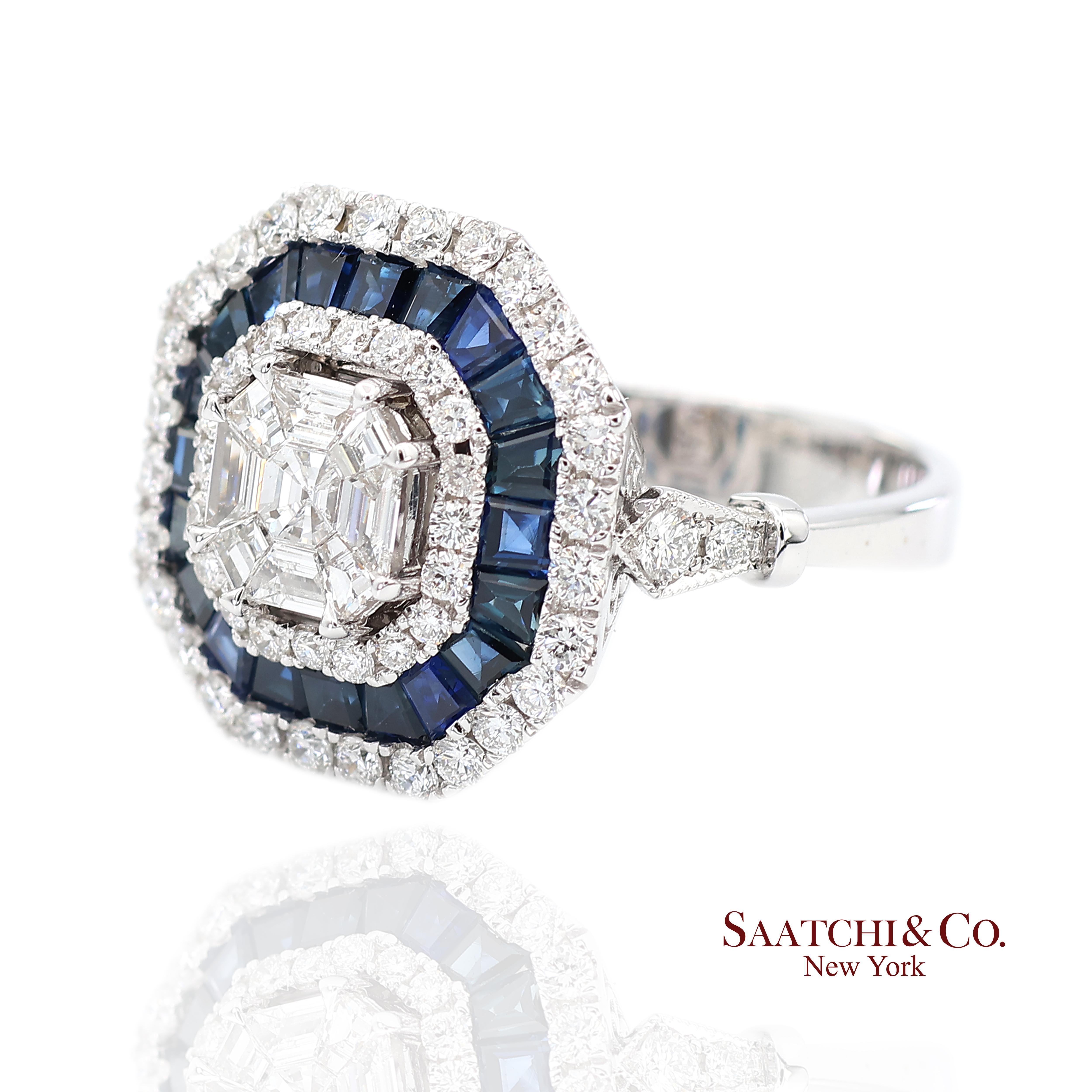 Contemporain Bague en or blanc 750 millièmes (18K) saphir bleu royal et diamant naturel de taille Asscher Pie Cut en vente